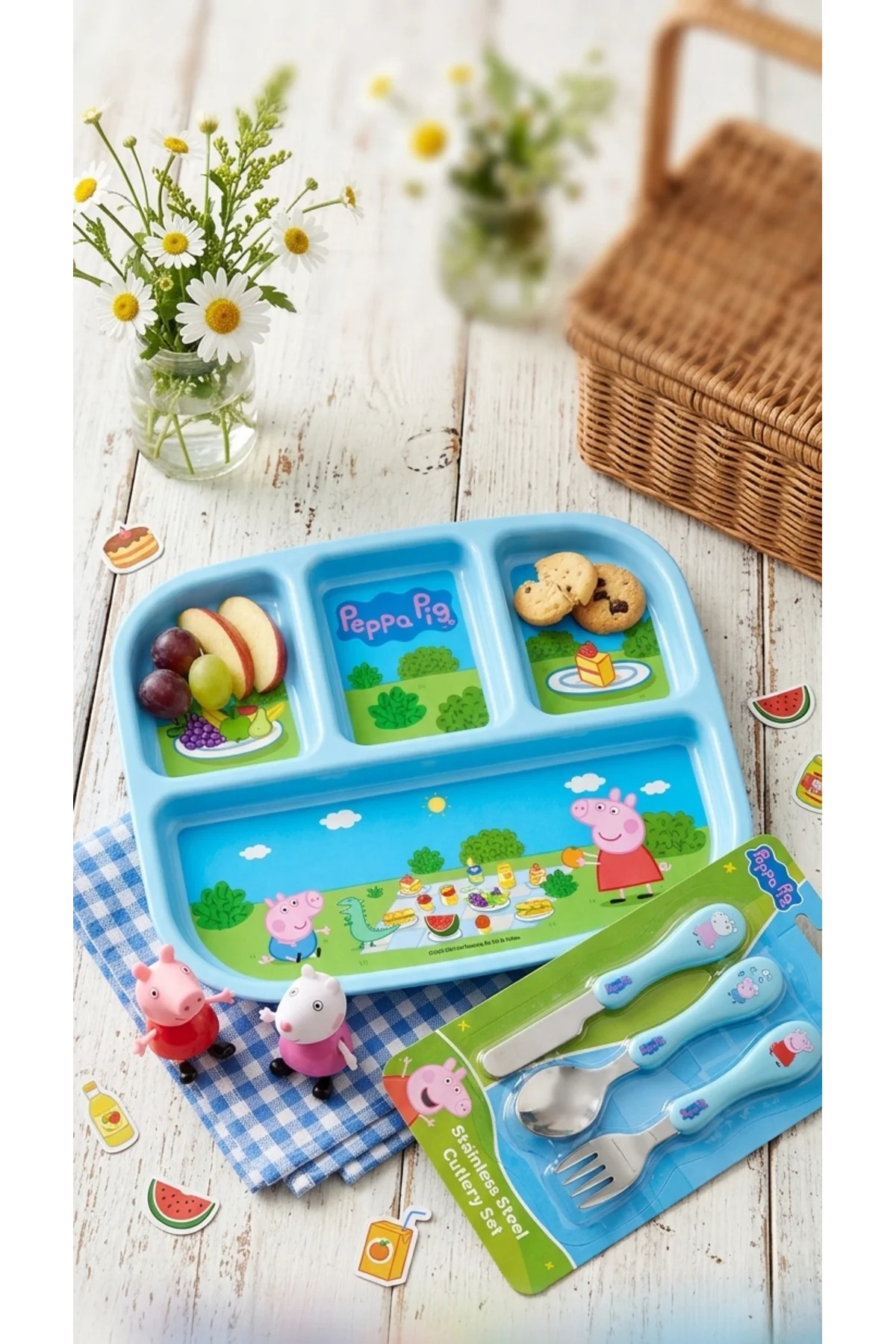 Peppa Pig Desenli Çocuk Tabağı ve Çelik Çatal-Kaşık Seti