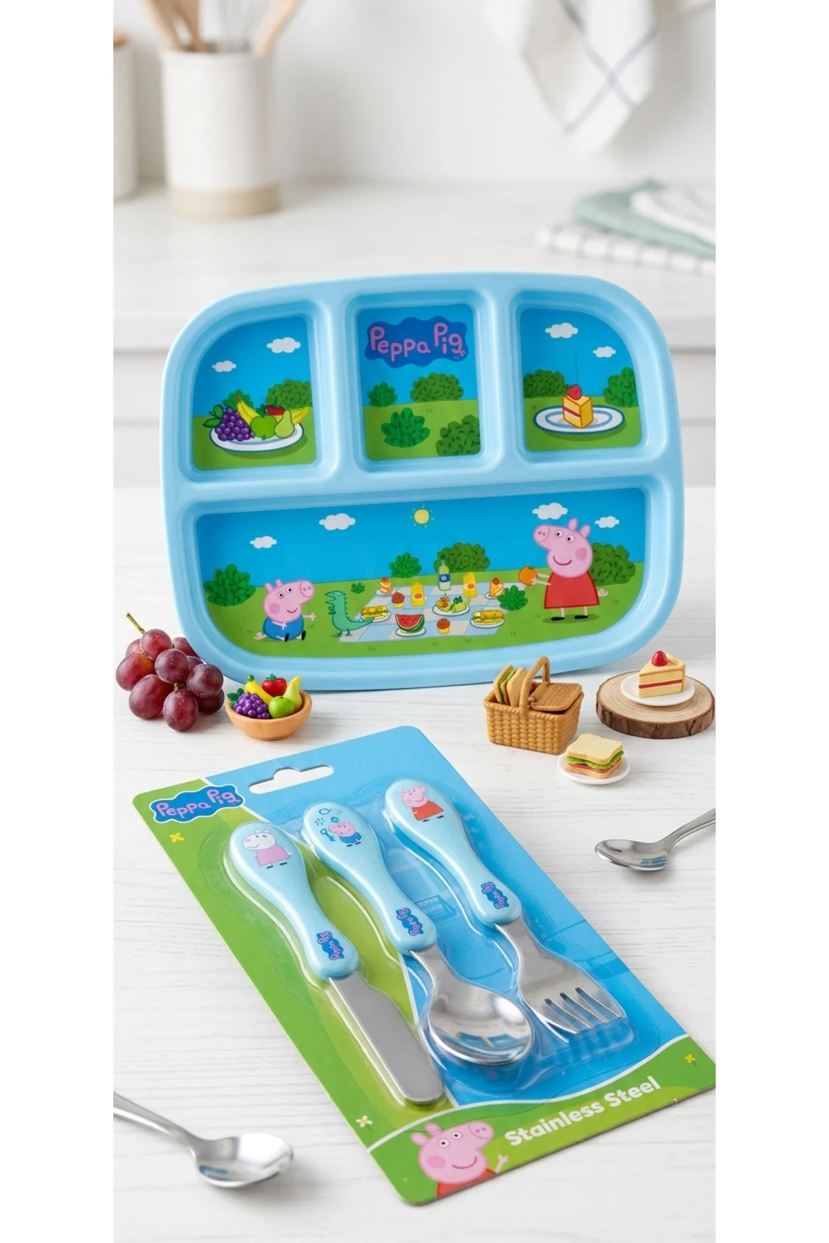 Peppa Pig Desenli Çocuk Tabağı ve Çelik Çatal-Kaşık Seti