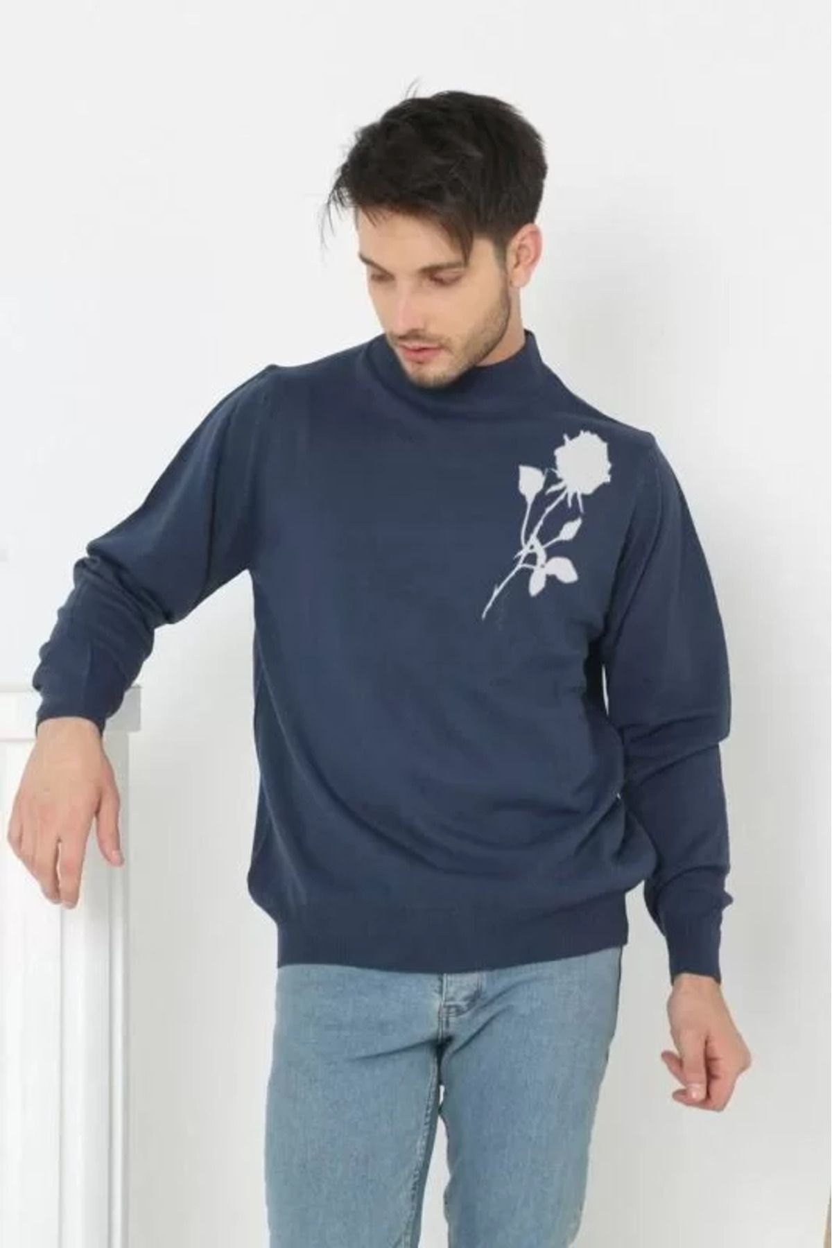 PERFİCA Baskılı Yarım Boğazlı Uzun Kol Dokuma Triko - Lacivert