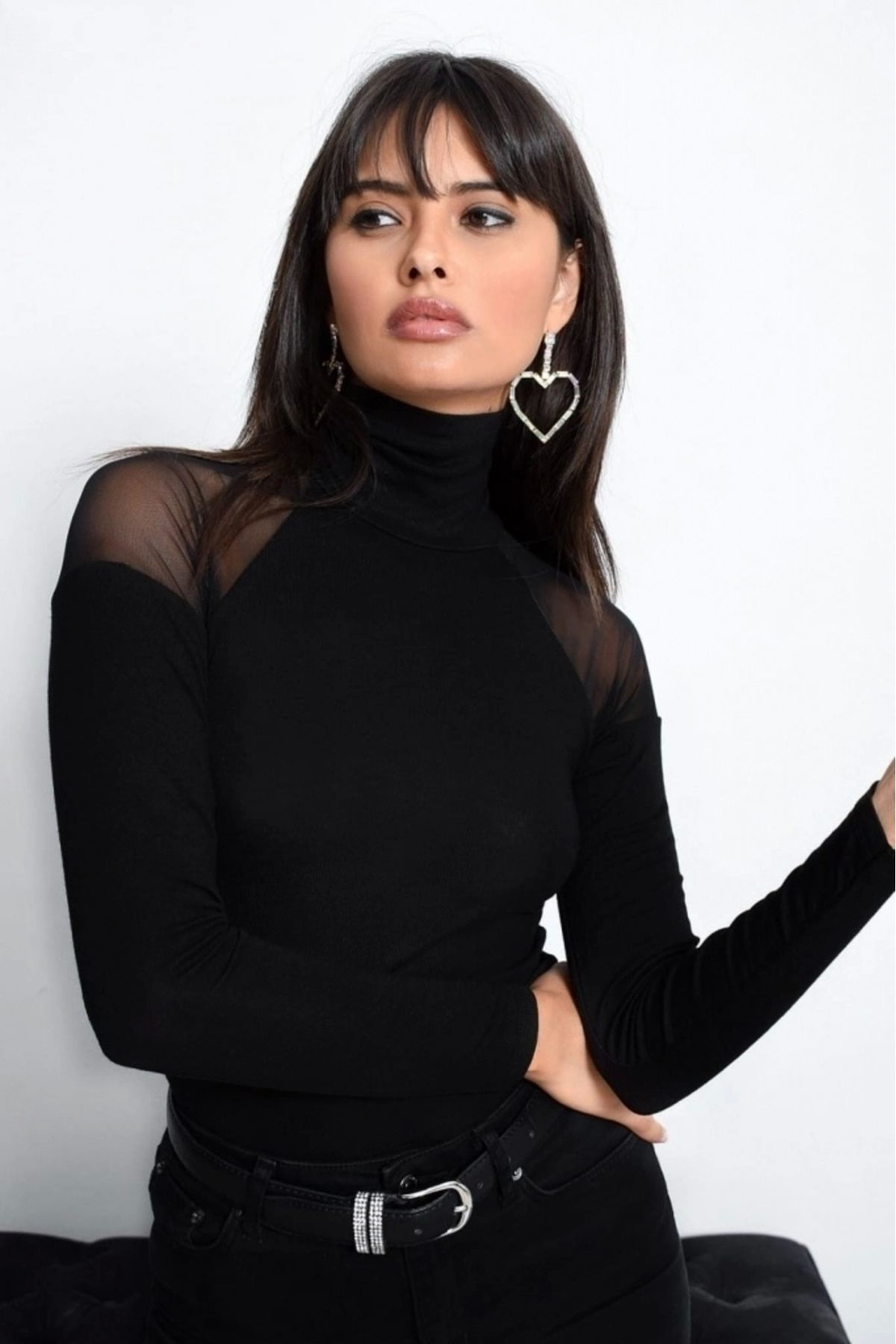 PERFİCA Kadın Omuzları Tül Balıkçı Yaka Viskon Kumaş Bluz