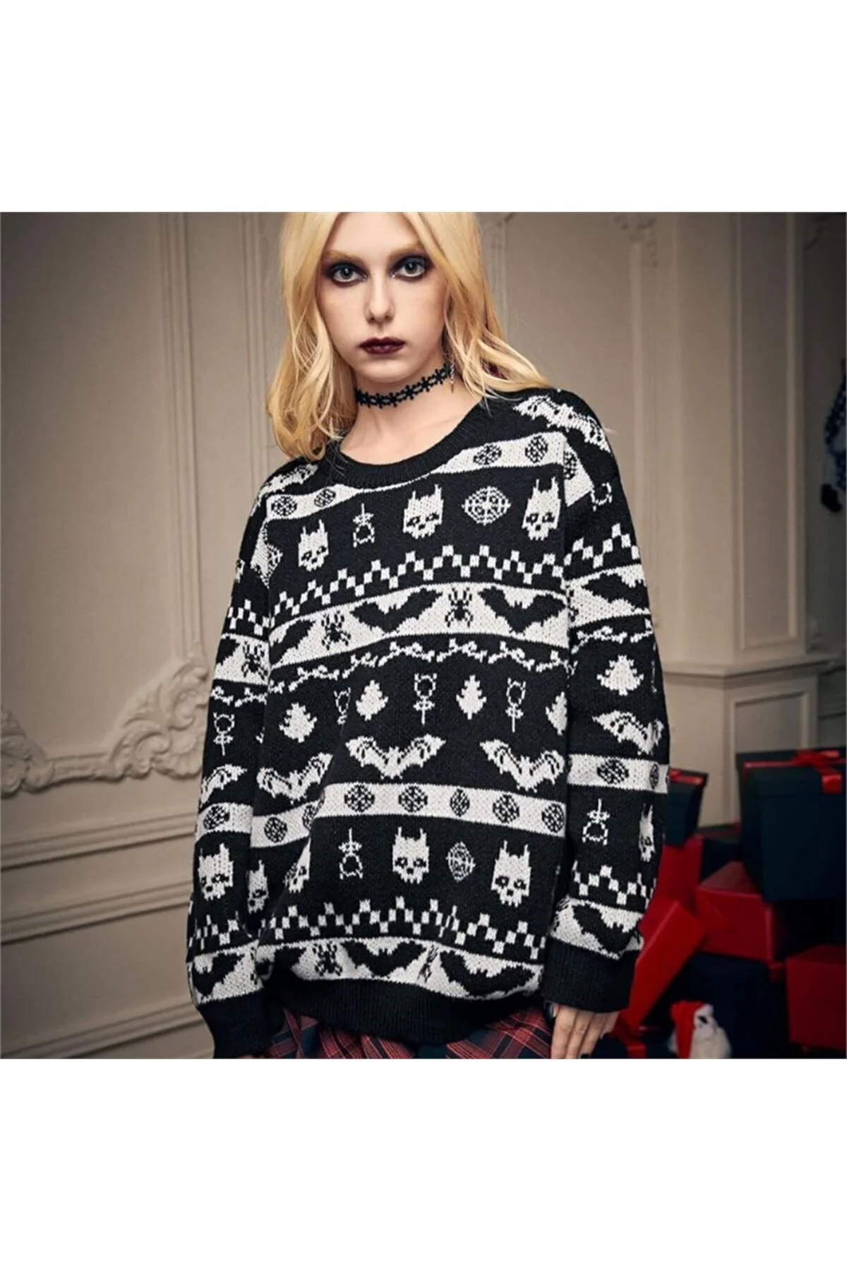 Peripeti Siyah Gothic Desenli Oversize Yılbaşı Kazak