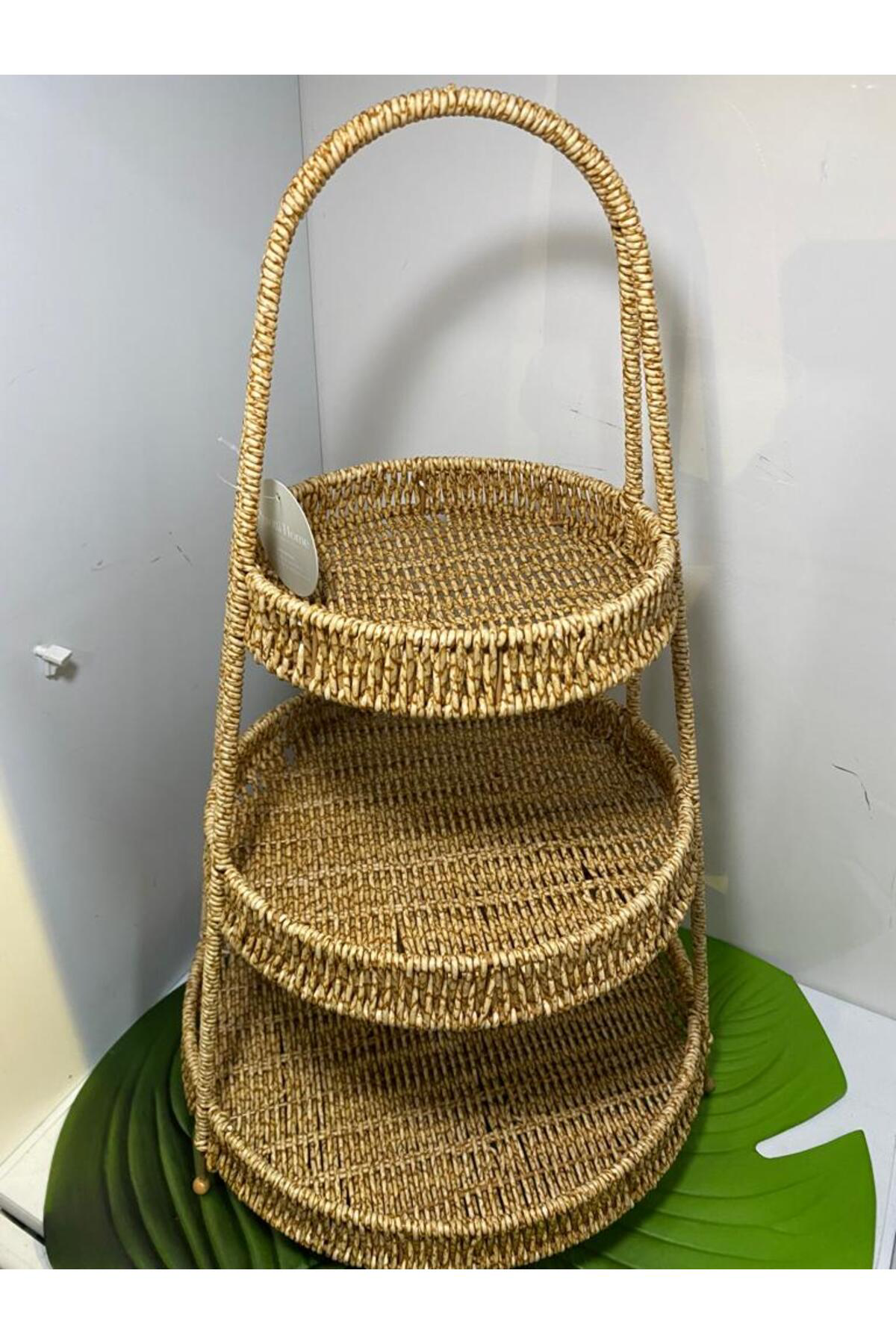 Elif Aksesuar Perotti 3 Katlı Rattan Sunum Tepsisi Yuvarlak