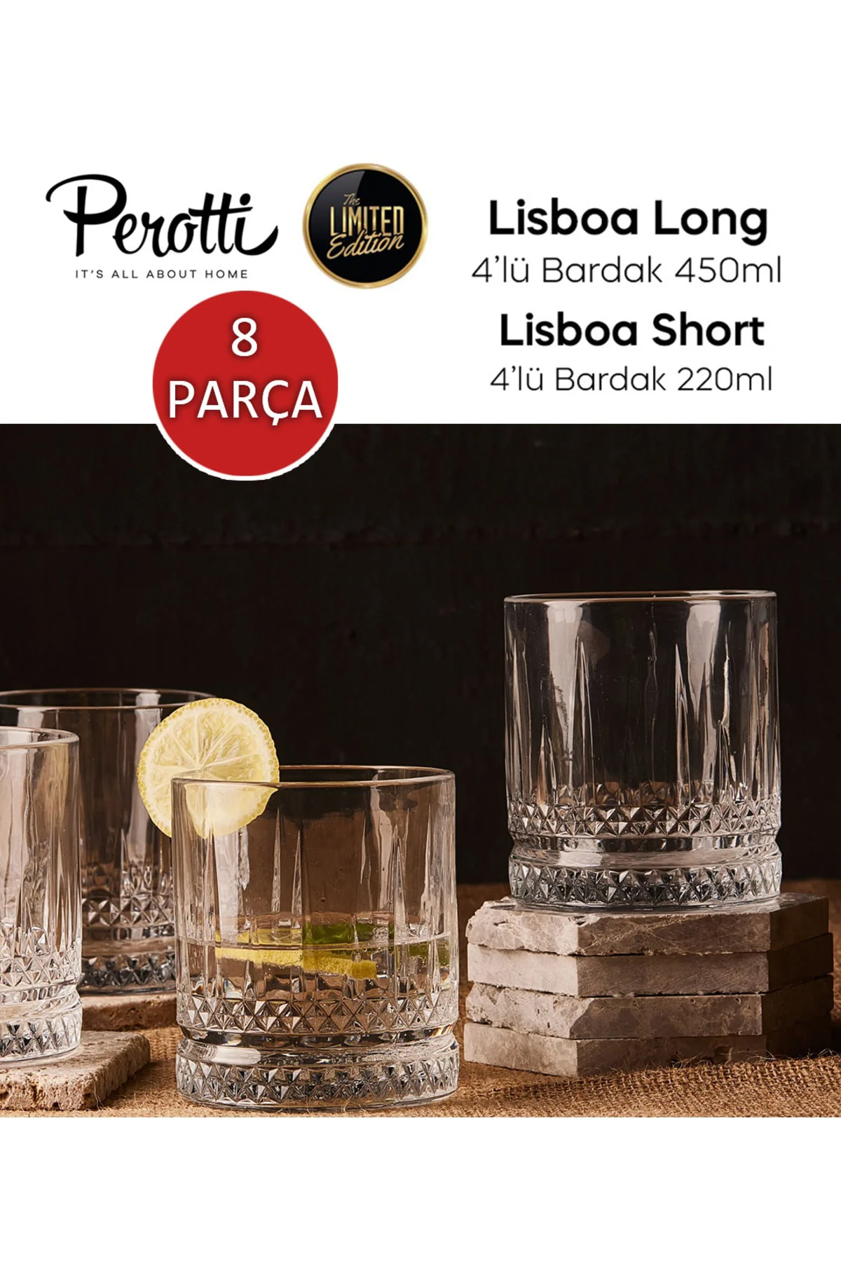 Perotti Lisboa 8 Parça Bardak Seti - 4 Meşrubat - 4 Su Bardağı