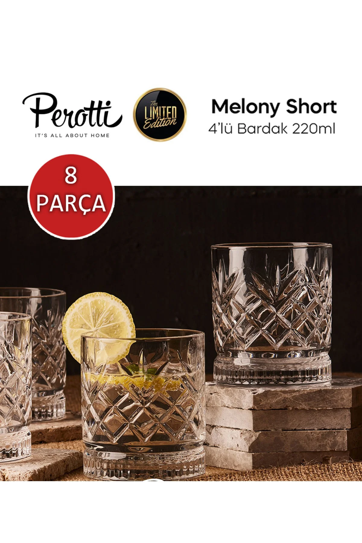 Perotti Melony 8 Parça Bardak Seti, 4 Ad Meşrubat - 4 Ad. Su Bardağı