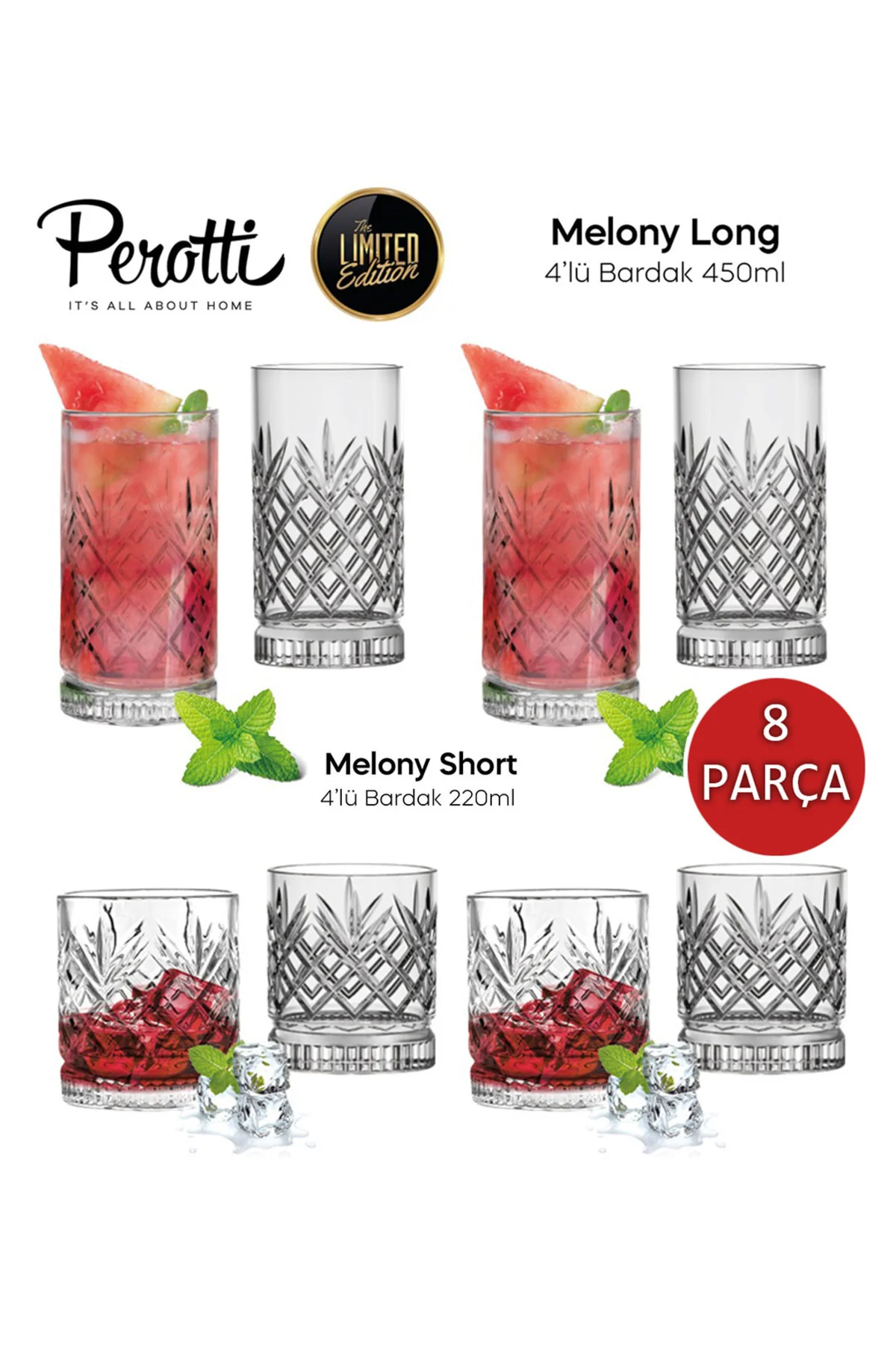 Perotti Melony 8 Parça Bardak Seti, 4 Ad Meşrubat - 4 Ad. Su Bardağı