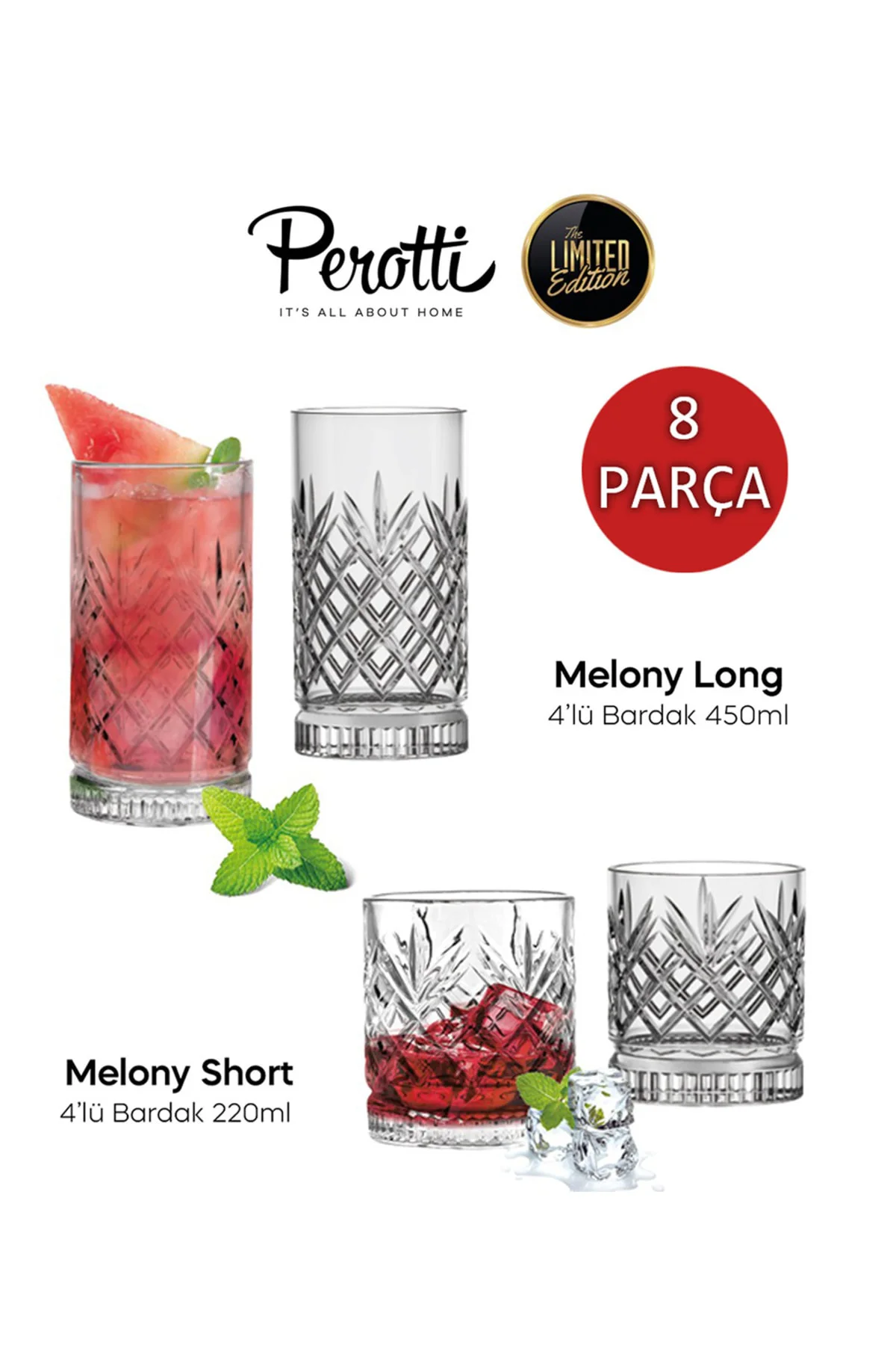 Perotti Melony 8 Parça Bardak Seti, 4 Ad Meşrubat - 4 Ad. Su Bardağı