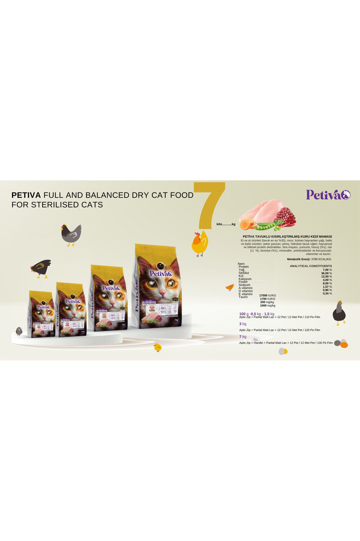 Petiva Kısırlaştırılmış Tavuk Etli Kedi Maması 7 Kg Petiva Kısırlaştırılmış Tavuk Etli Kedi Maması 7 Kg