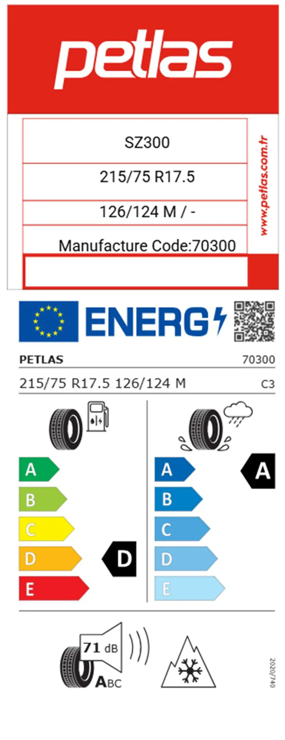 Petlas 215/75 R17.5 TL 126/124M (DÜZ) SZ300 Düz Kamyonet Lastiği 