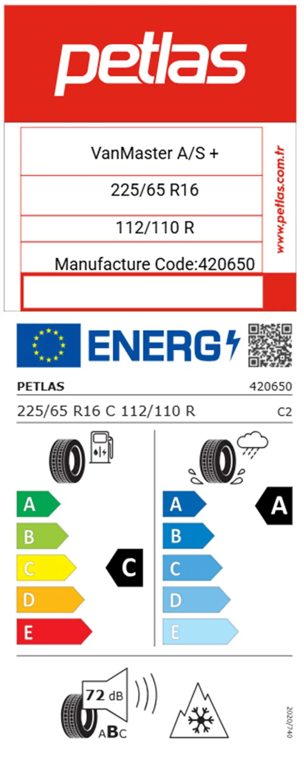 Petlas 225/65 R16 C TL 112/110R 8PR VANMASTER + A/S Kamyonet 4 Me Petlas 225/65 R16 C TL 112/110R 8PR VANMASTER + A/S Kamyonet 4 Me
