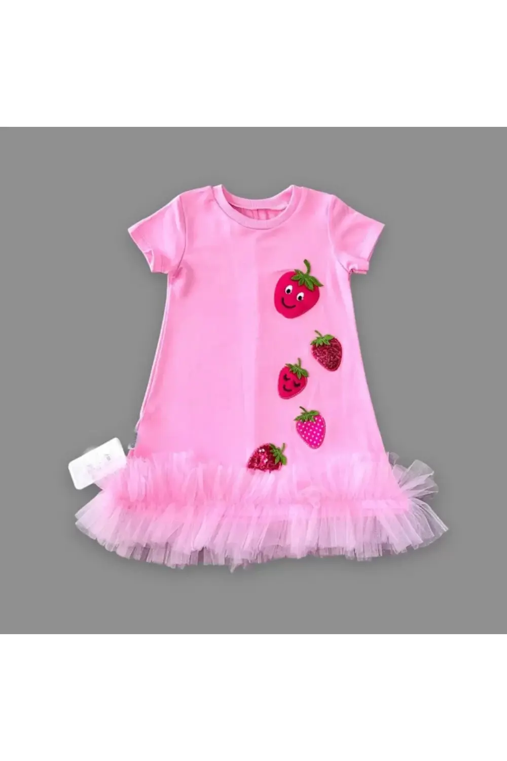 Petli Çilekler Nakışlı Eteği Fırfırlı Jile Kız Çocuk Elbisesi Pem