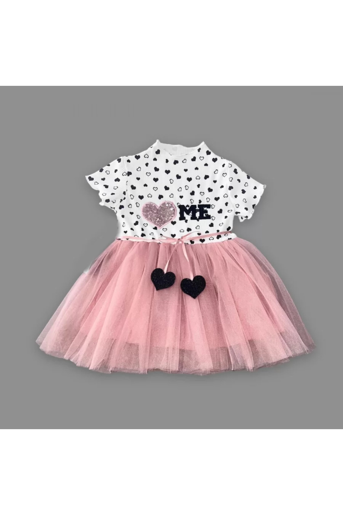 Hobicity Petli Kalp Me Baskılı Kız Bebek Elbisesi Gül Kurusu