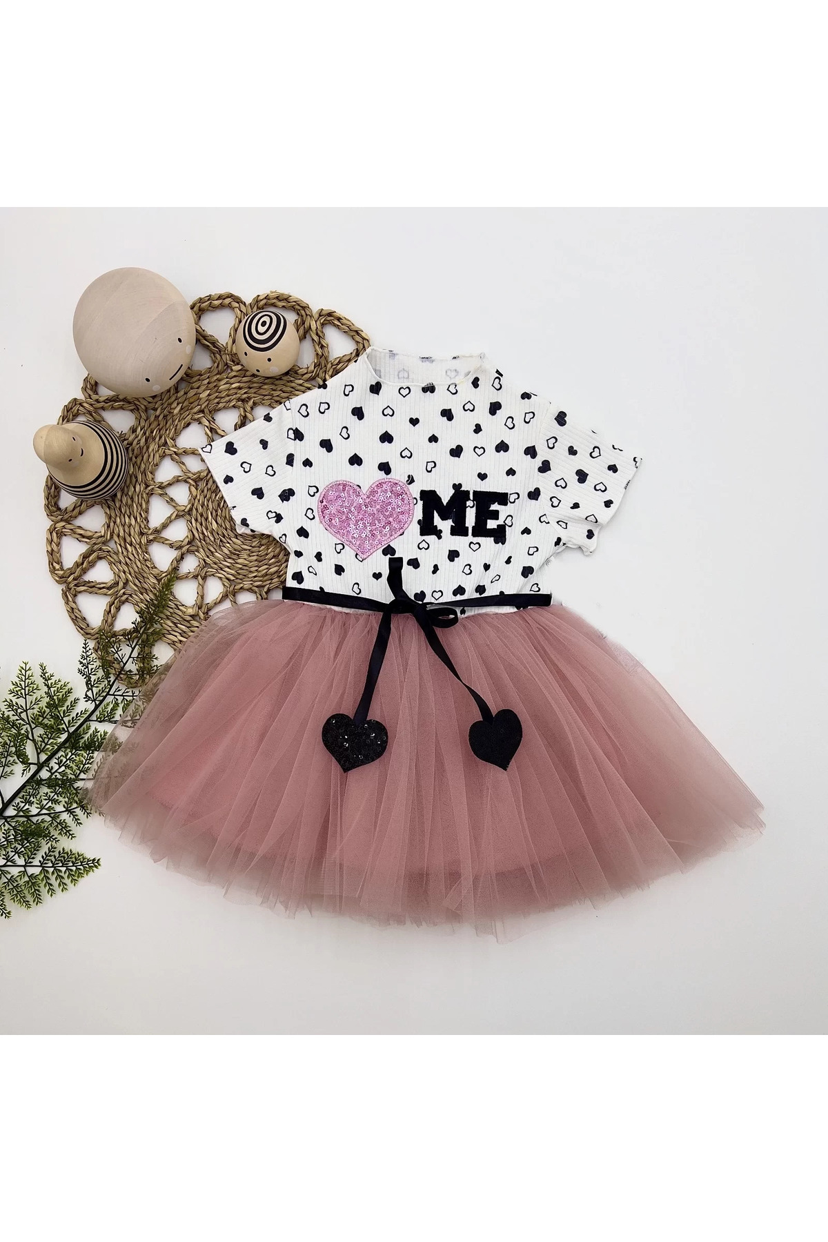 Hobicity Petli Kalp Me Baskılı Kız Bebek Elbisesi Gül Kurusu