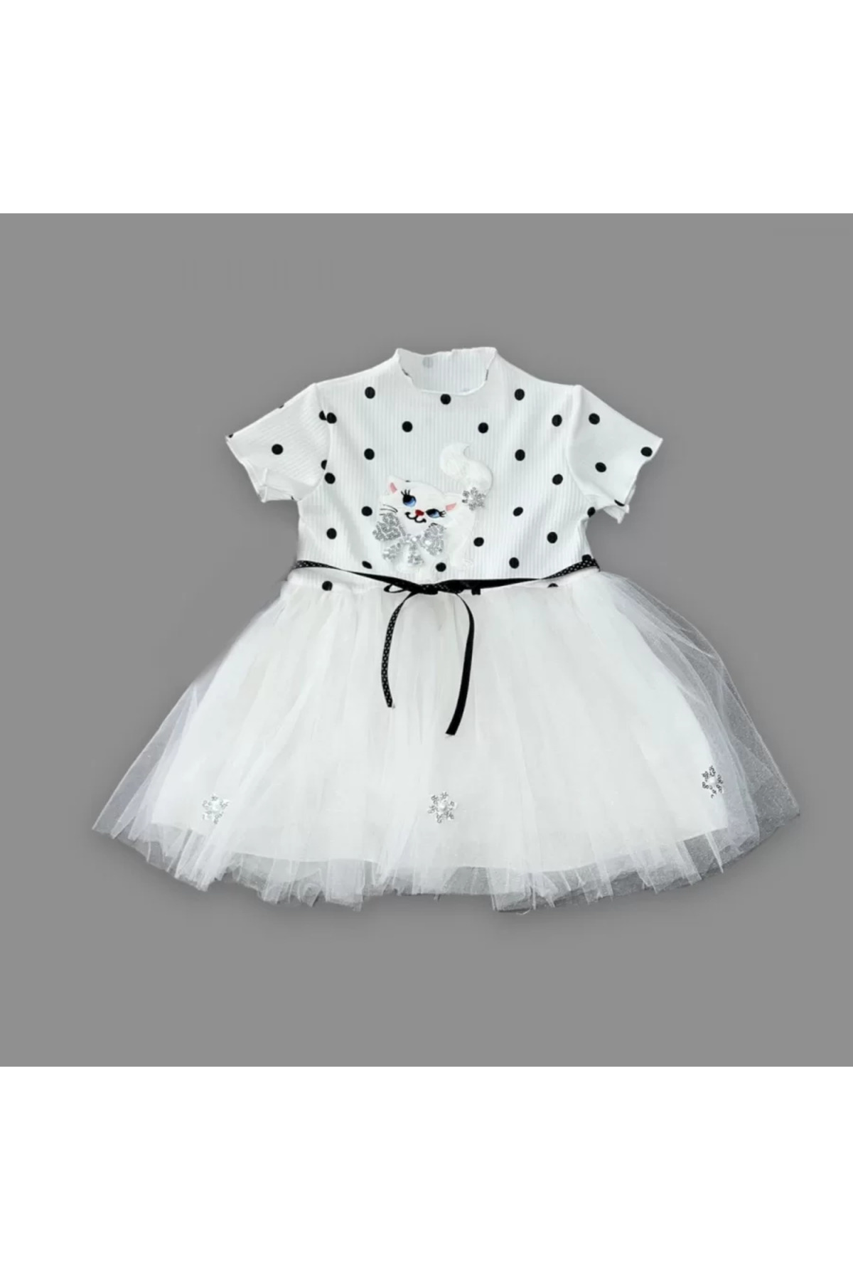 Butik Petli Kedicik Baskılı Puantiyeli Kız Bebek Elbisesi Beyaz