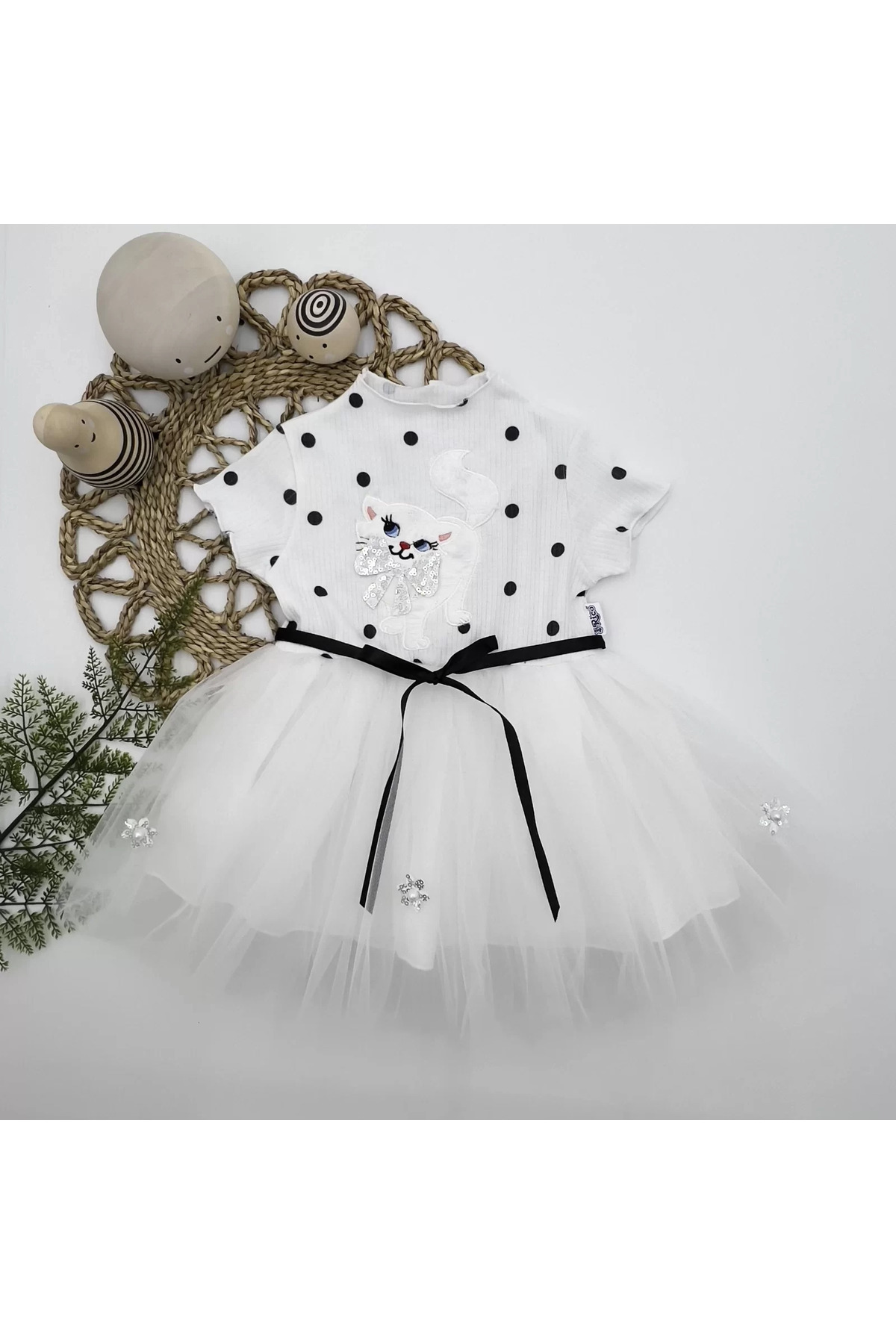 Butik Petli Kedicik Baskılı Puantiyeli Kız Bebek Elbisesi Beyaz