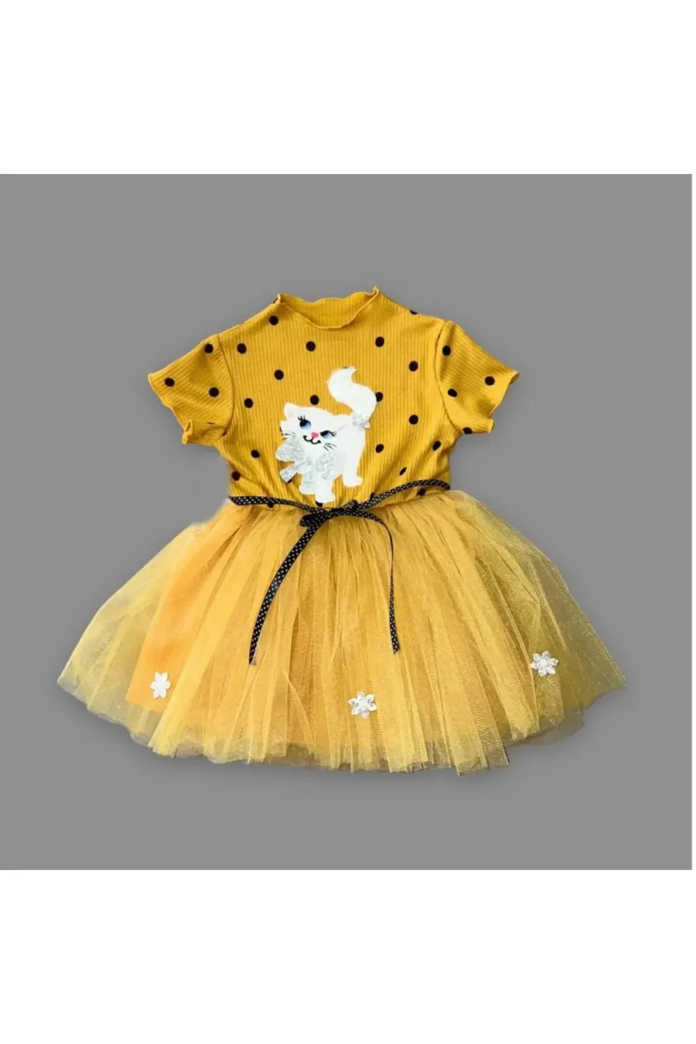 Petli Kedicik Baskılı Puantiyeli Kız Bebek Elbisesi Hardal