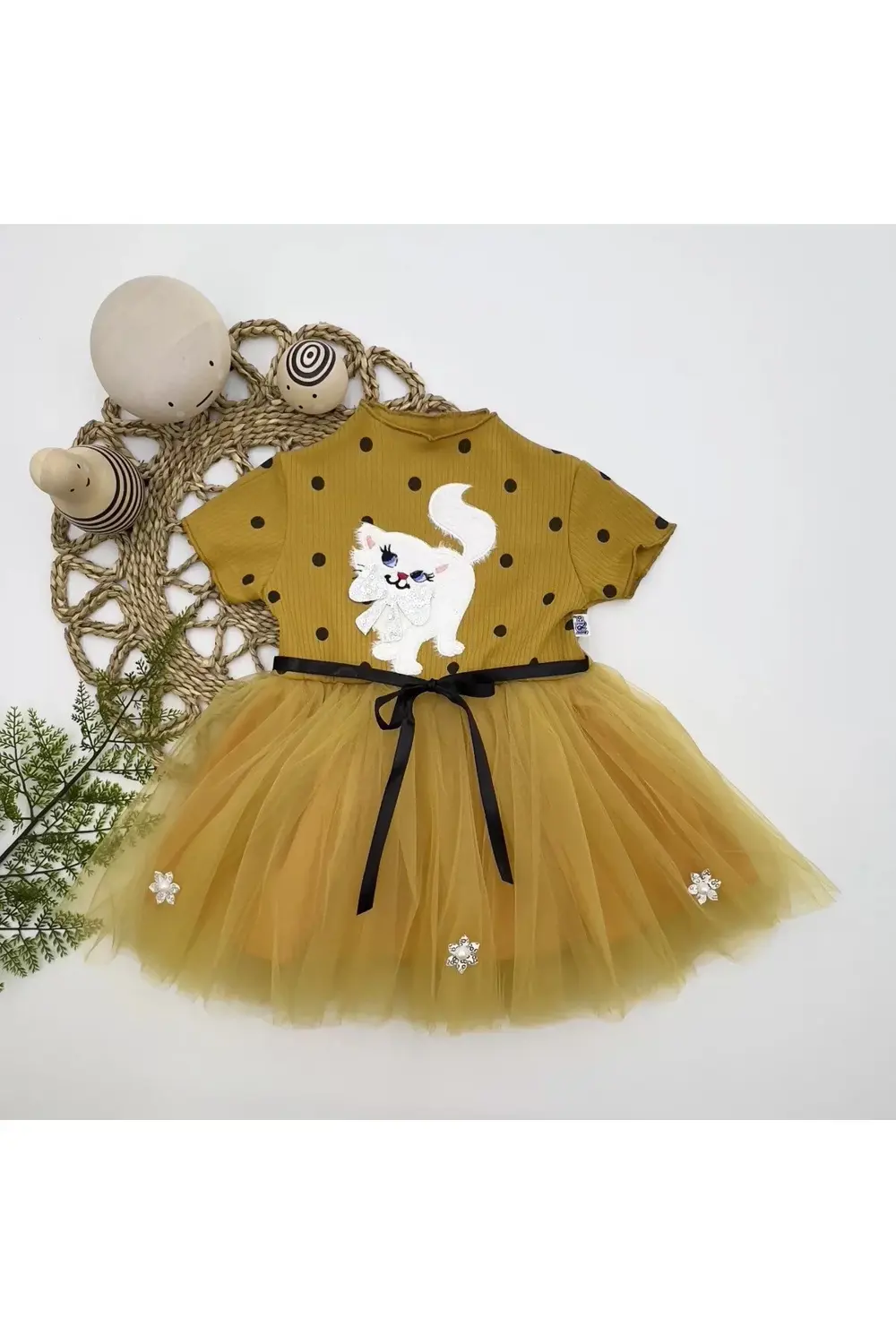 Petli Kedicik Baskılı Puantiyeli Kız Bebek Elbisesi Hardal