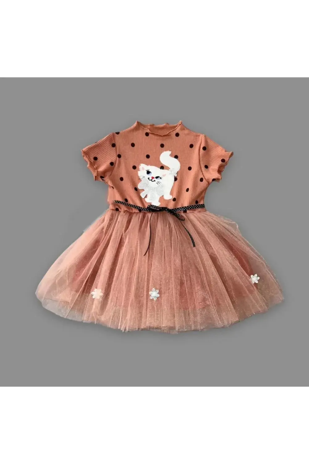 Petli Kedicik Baskılı Puantiyeli Kız Bebek Elbisesi Kahverengi