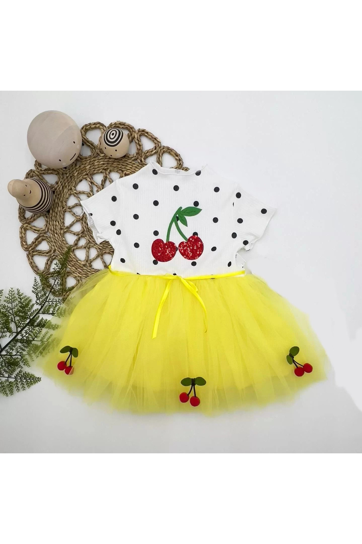 Shop58 Petli Kiraz Nakişli Kiraz Etekli Kiz Bebek Tütü Elbisesi Sari