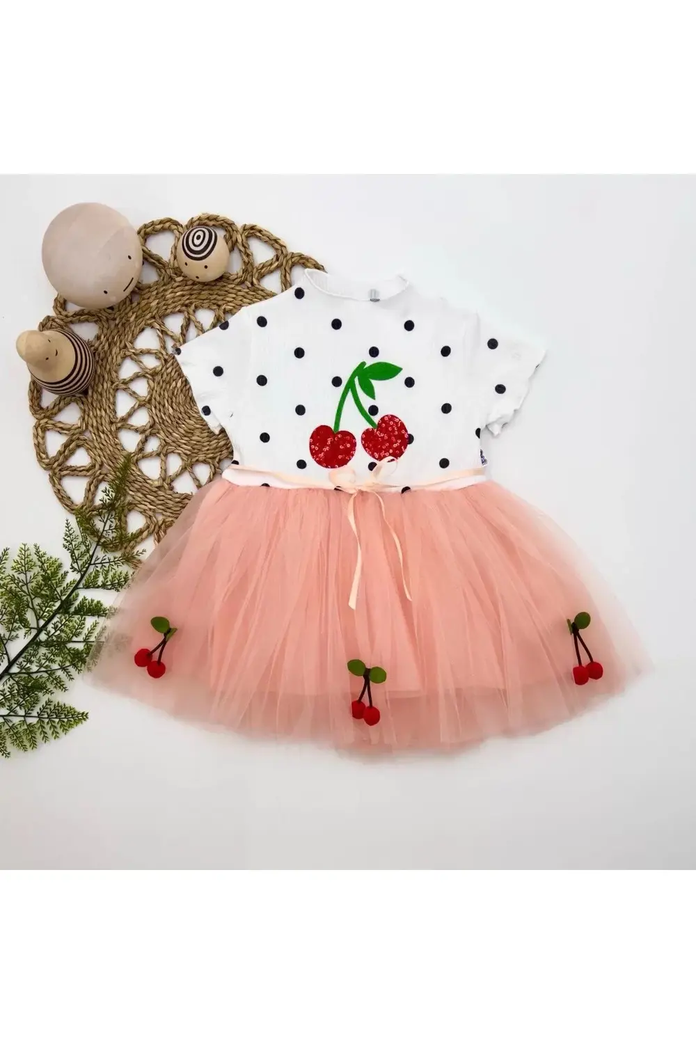 Petli Kiraz Nakışlı Kiraz Etekli Kız Bebek Tütü Elbisesi Pudra