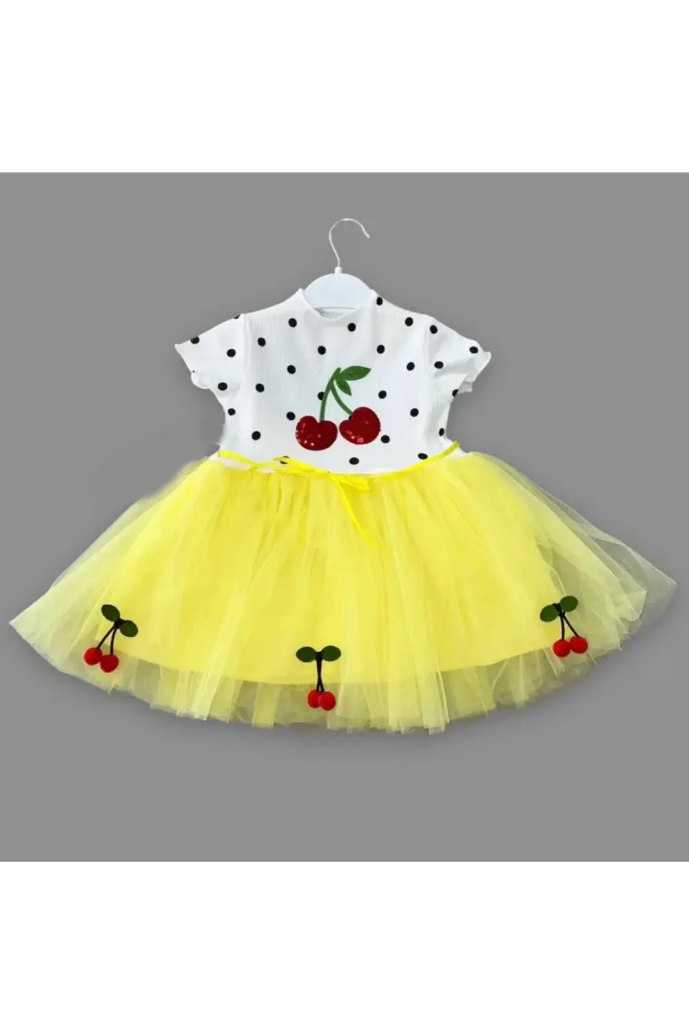 Petli Kiraz Nakışlı Kiraz Etekli Kız Bebek Tütü Elbisesi Sarı