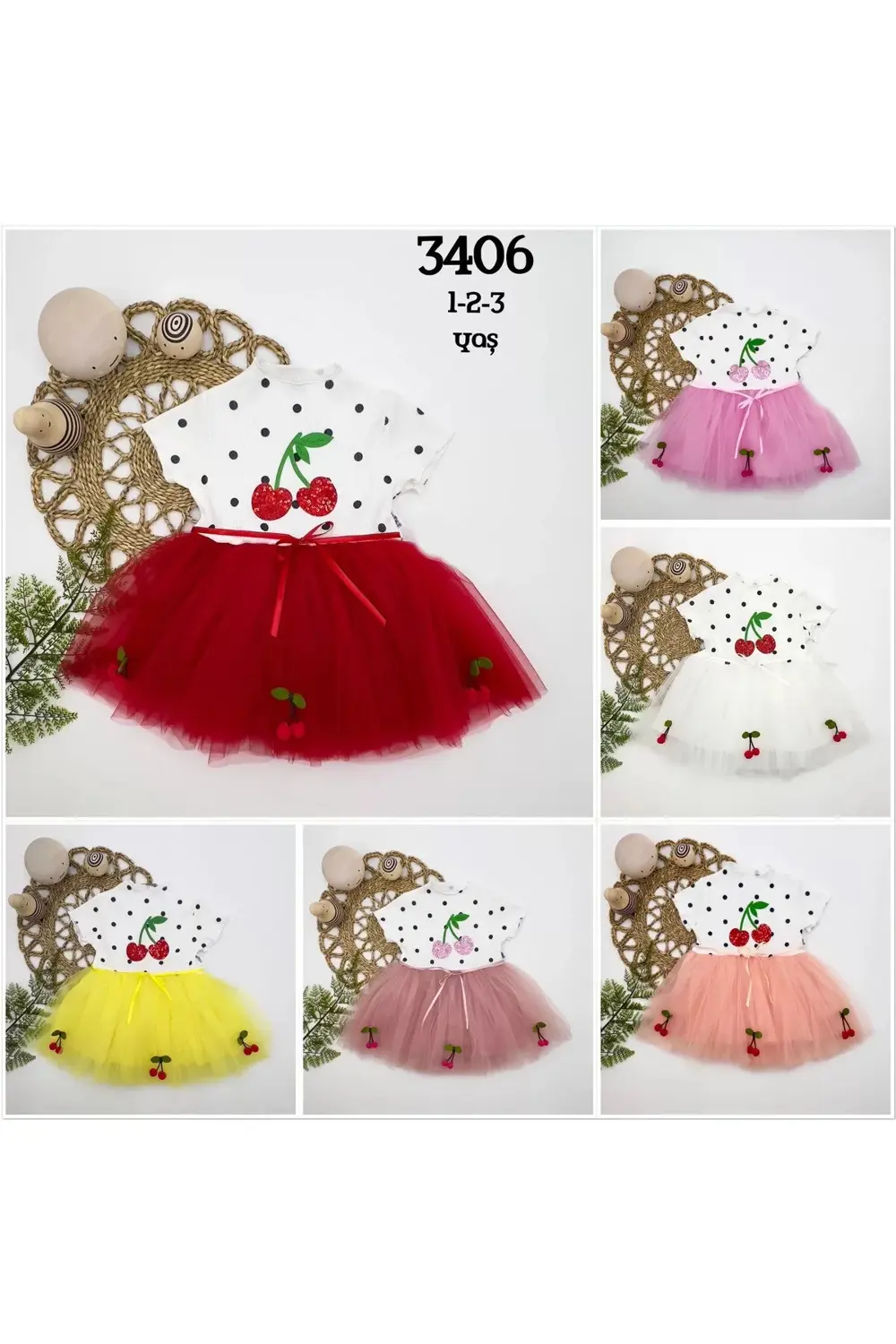 Petli Kiraz Nakışlı Kiraz Etekli Kız Bebek Tütü Elbisesi Sarı