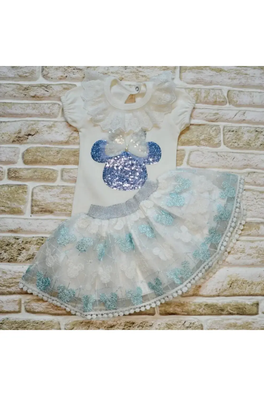 Petli Mickey NakışlıKısa Kollu Brode Etekli 2li Kız Bebek Takımı