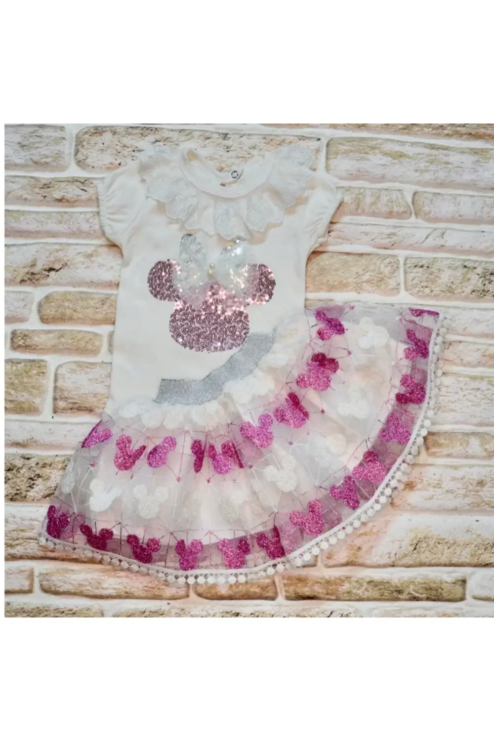 Petli Mickey Nakışlıkısa Kollu Brode Etekli 2li Kız Bebek Takımı