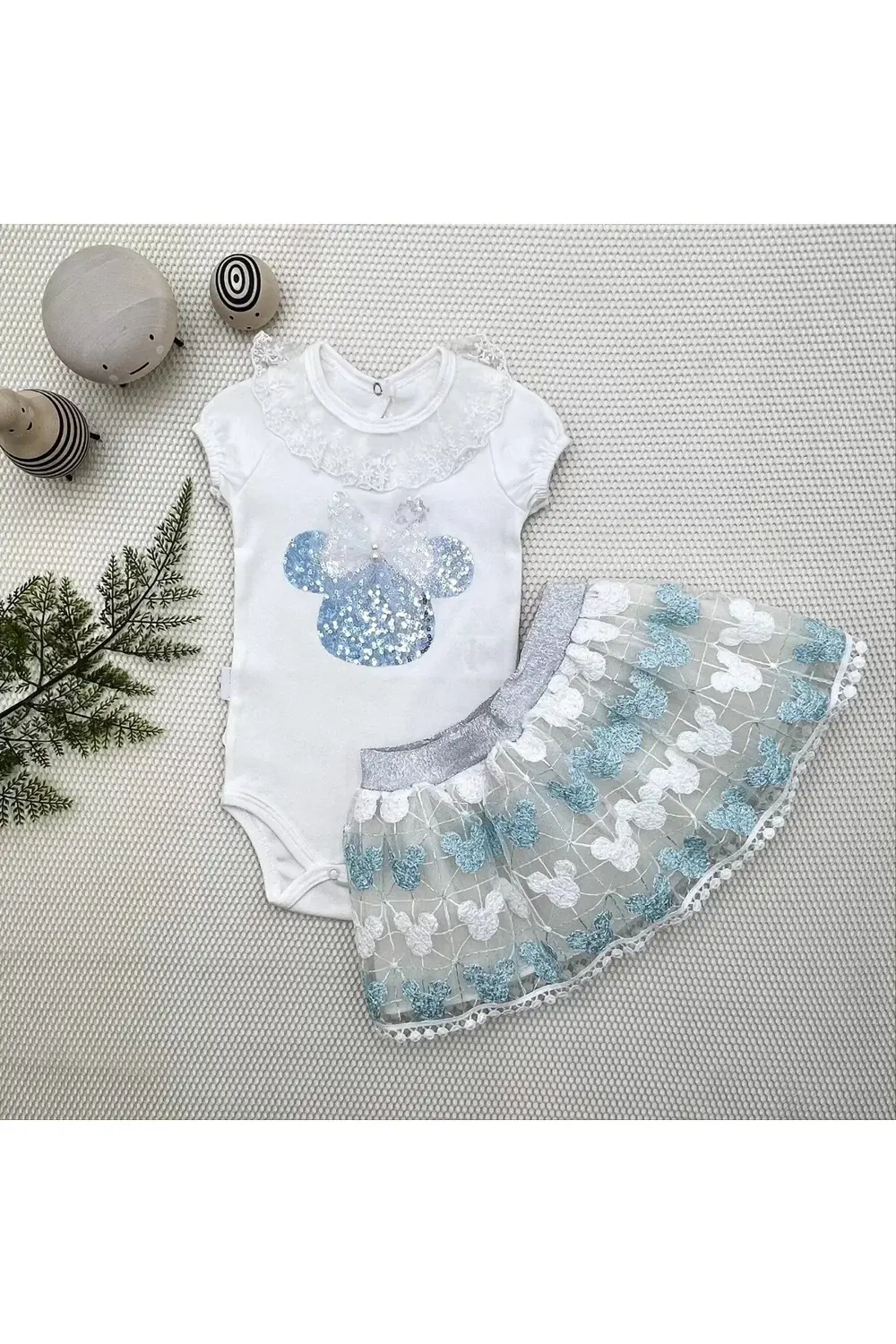 Petli Mickey NakışlıKısa Kollu Brode Etekli 2li Kız Bebek Takımı