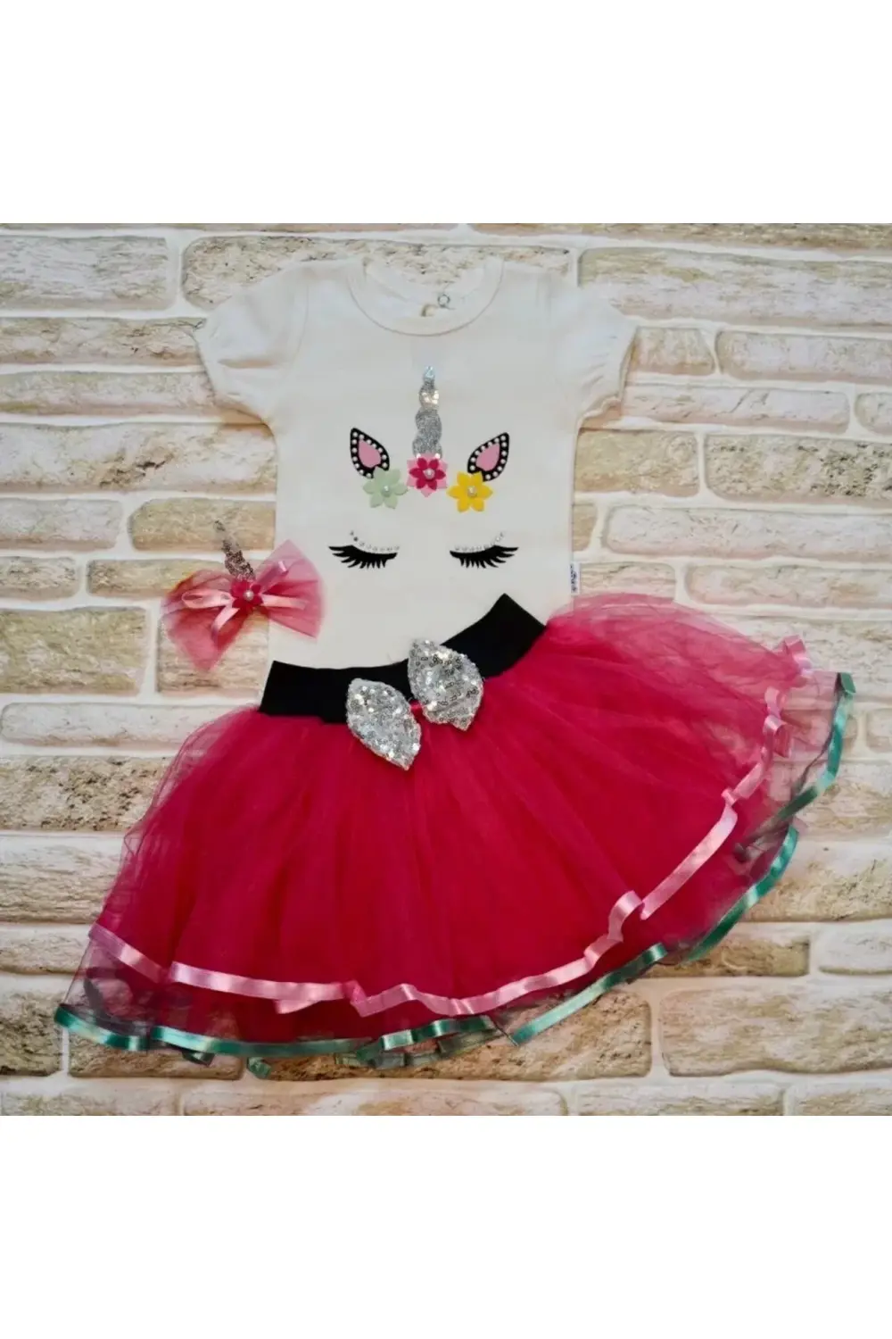 Petli Pony Nakışlı Tokalı Kısa Kollu Tütü Etek 3lü Kız Bebek Takı