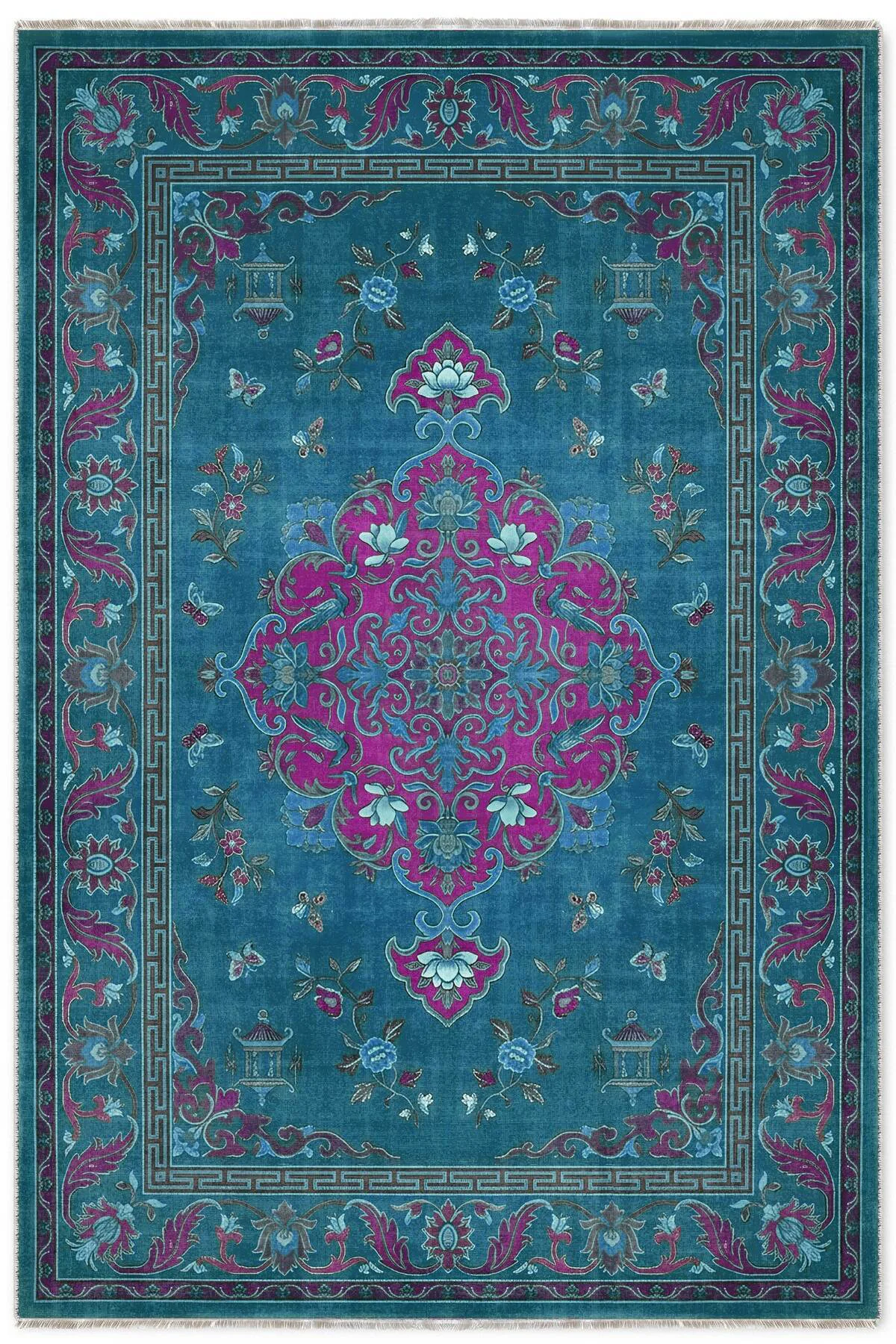 Petrol Mavisi Retro Vintage Şönil Halı Kilim Yolluk Kaymaz Yıkana