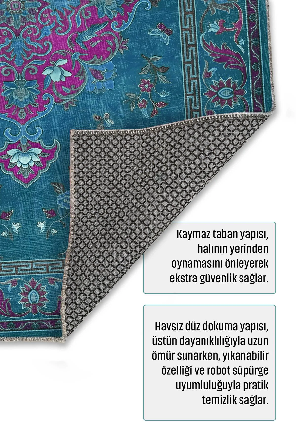 Petrol Mavisi Retro Vintage Şönil Halı Kilim Yolluk Kaymaz Yıkana
