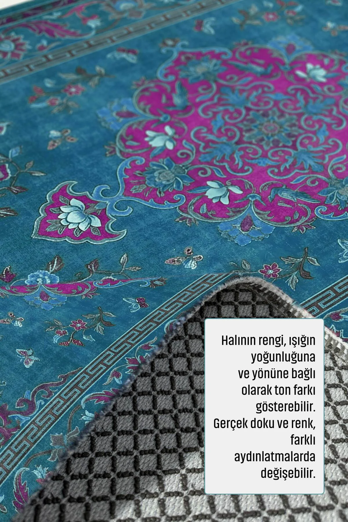 Petrol Mavisi Retro Vintage Şönil Halı Kilim Yolluk Kaymaz Yıkana