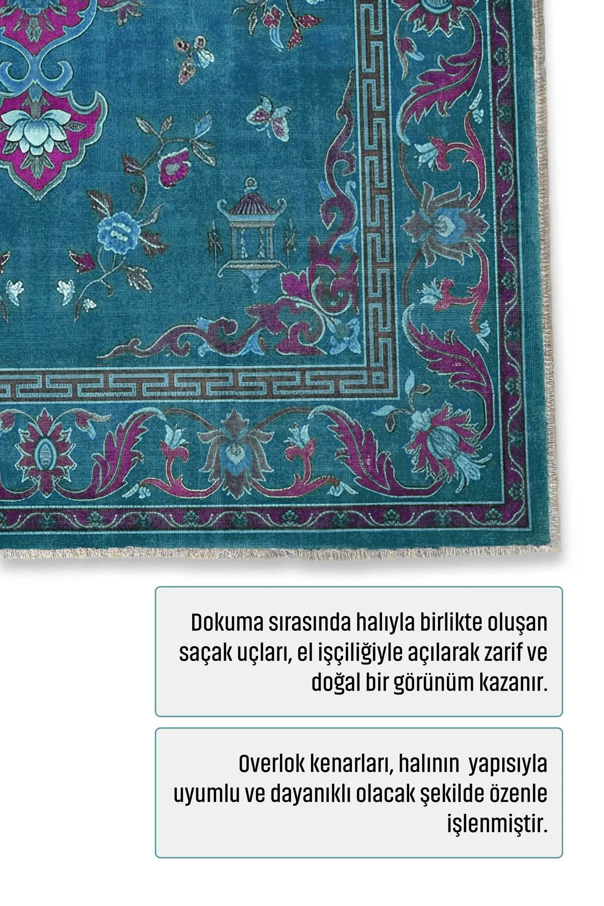 Petrol Mavisi Retro Vintage Şönil Halı Kilim Yolluk Kaymaz Yıkana