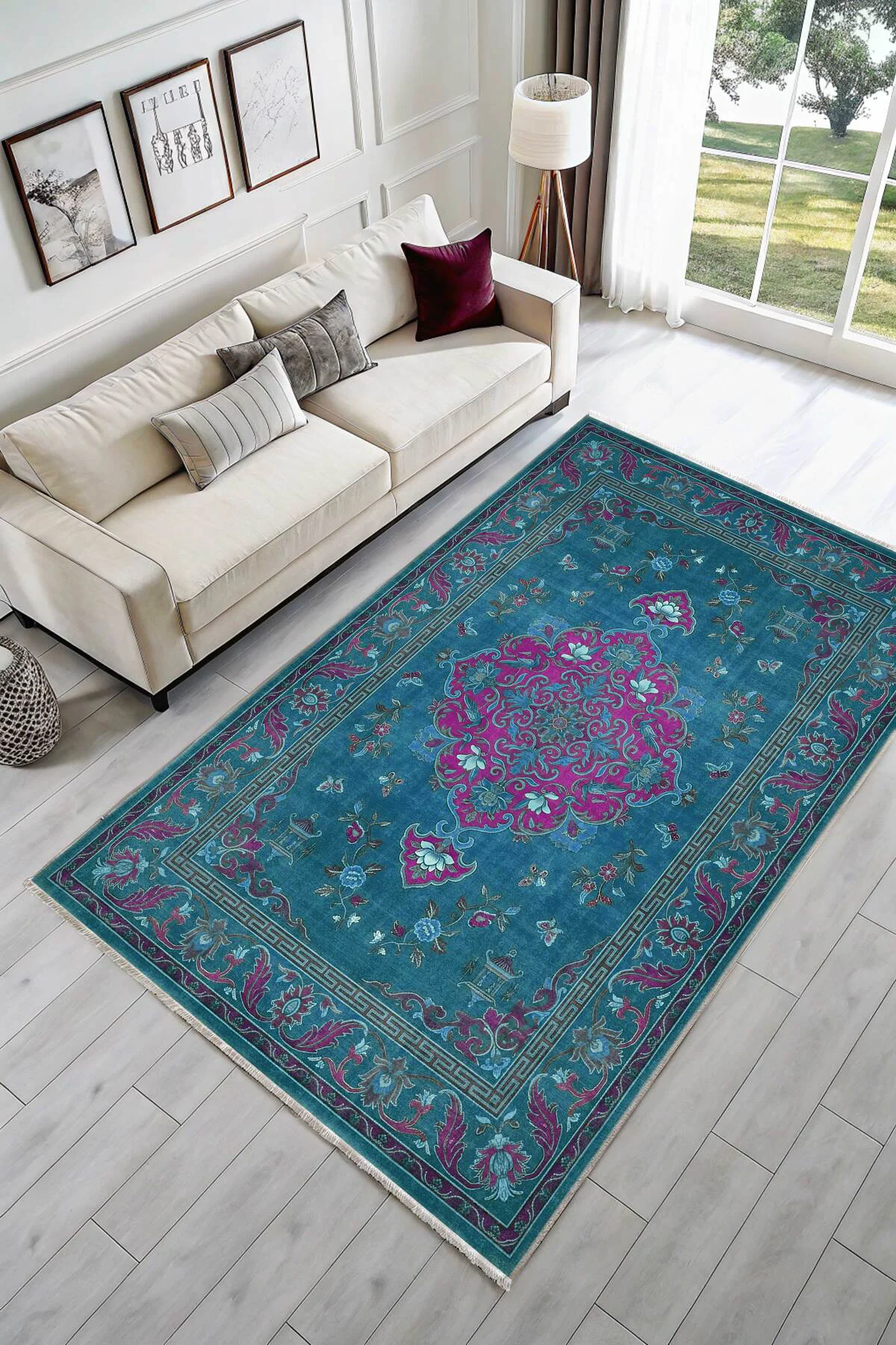 Petrol Mavisi Retro Vintage Şönil Halı Kilim Yolluk Kaymaz Yıkana