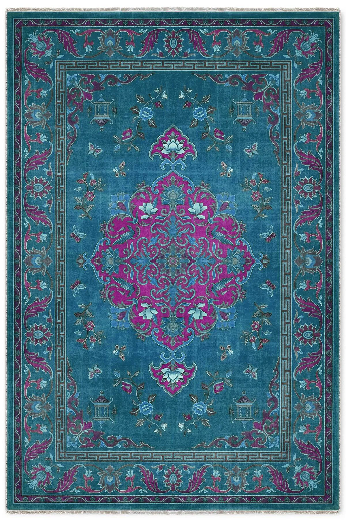 Petrol Mavisi Retro Vintage Şönil Halı Kilim Yolluk Kaymaz Yıkana
