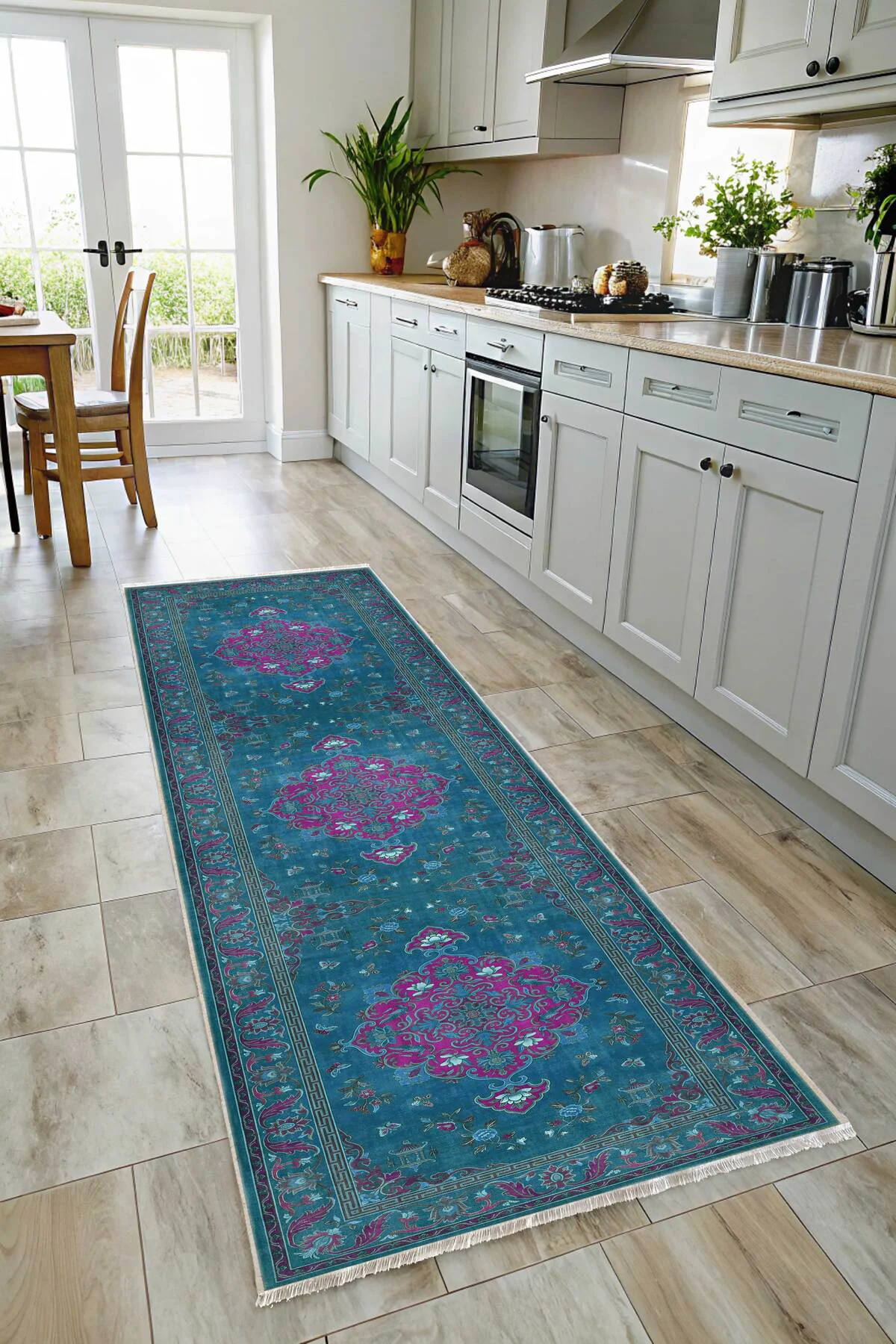 Petrol Mavisi Retro Vintage Şönil Halı Kilim Yolluk Kaymaz Yıkana