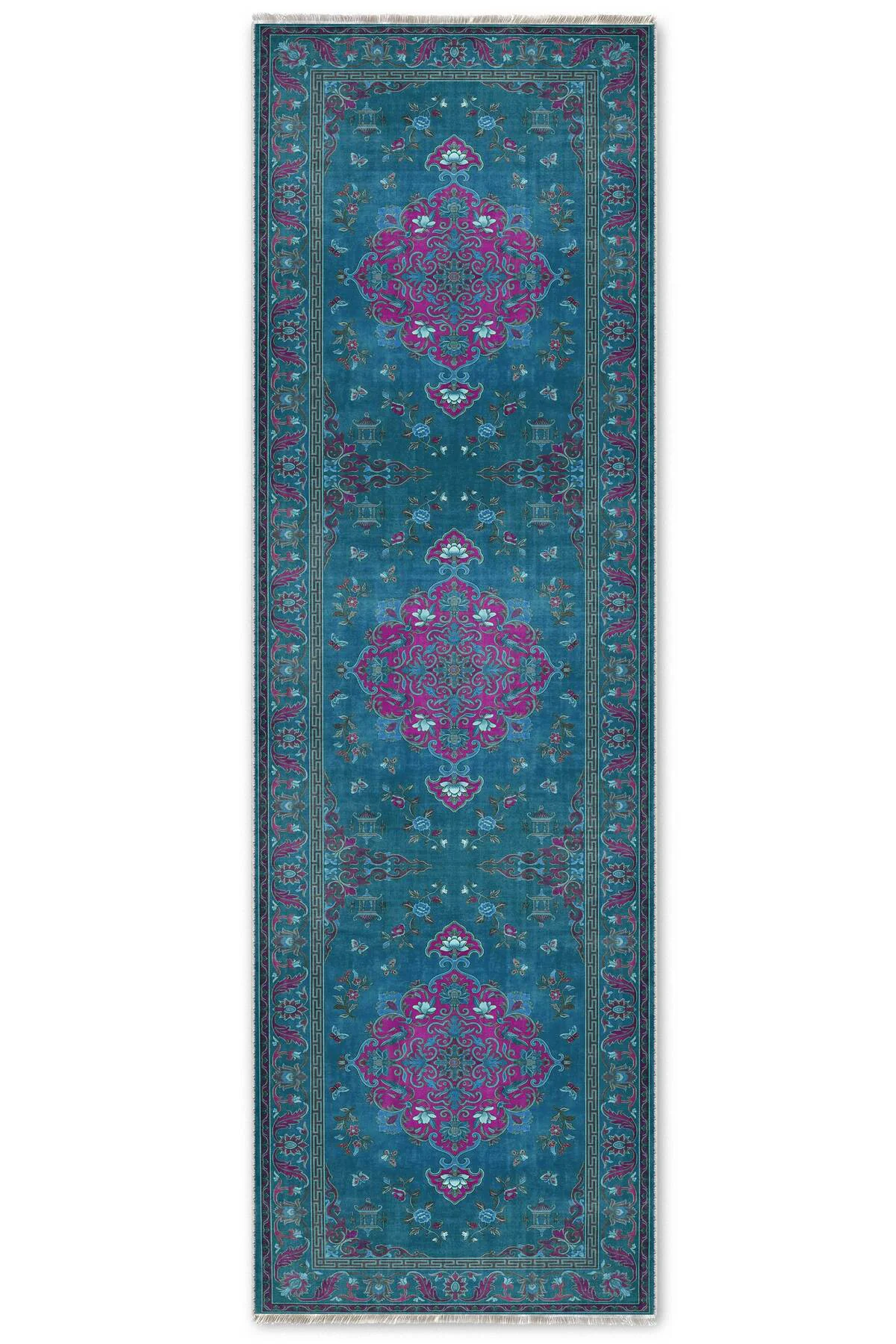 Petrol Mavisi Retro Vintage Şönil Halı Kilim Yolluk Kaymaz Yıkana