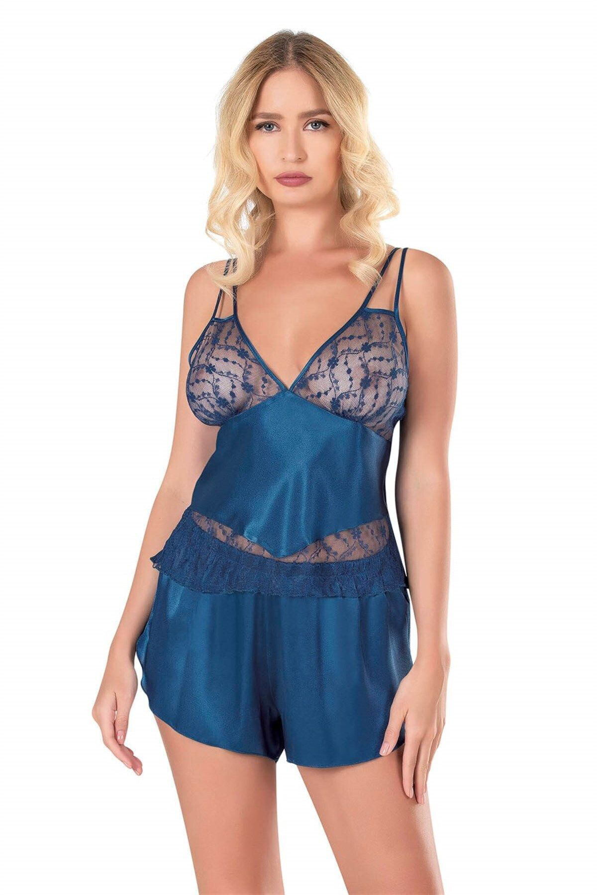 Aria's Closet Petrol Mavisi Saten Babydoll Şort Takımı