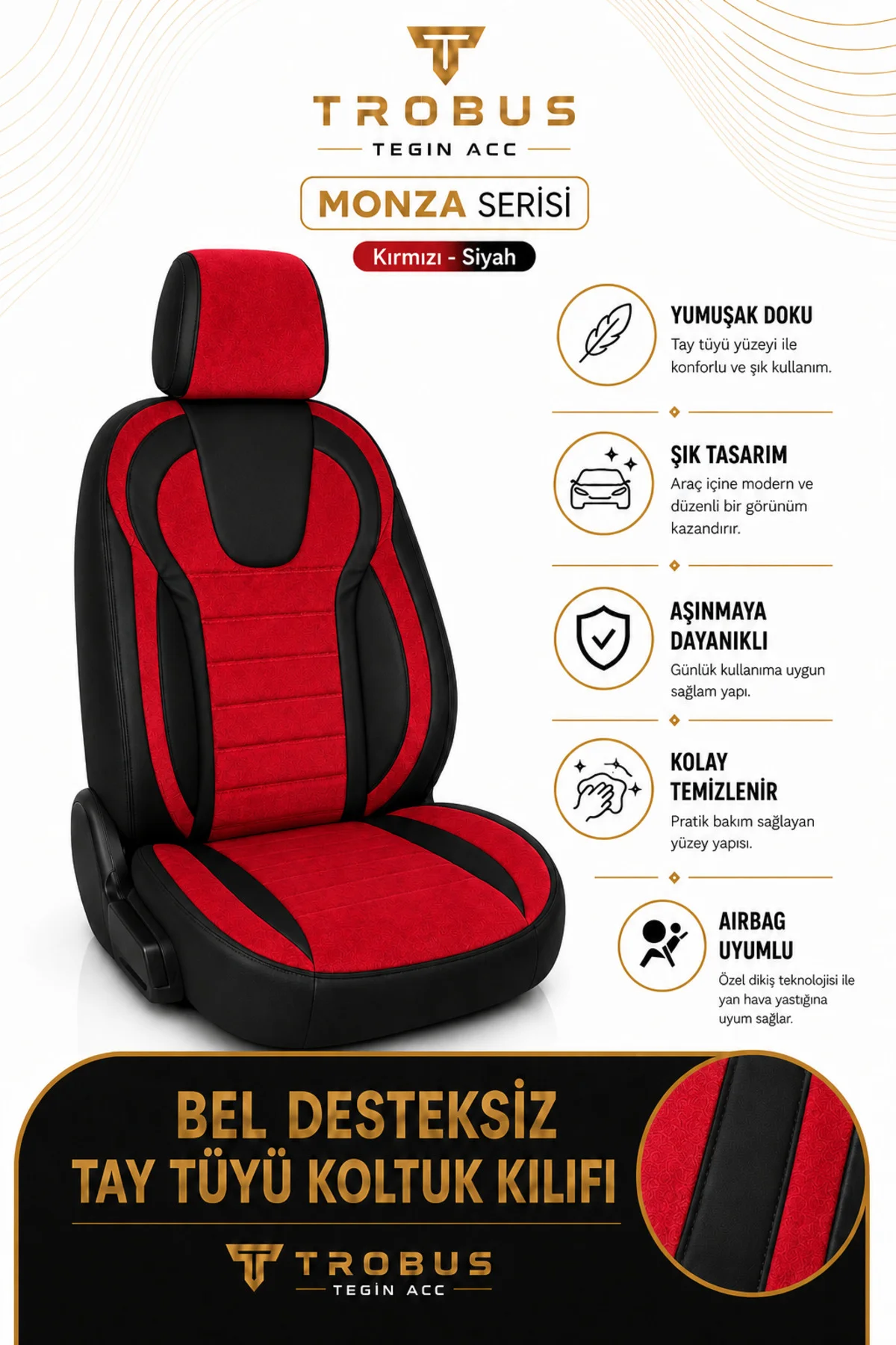 Peugeot 205 1983-1998 Uyumlu Monza Serisi Sport Tay Tüyü Kadife Kırmızı Siyah Koltuk Kılıfı