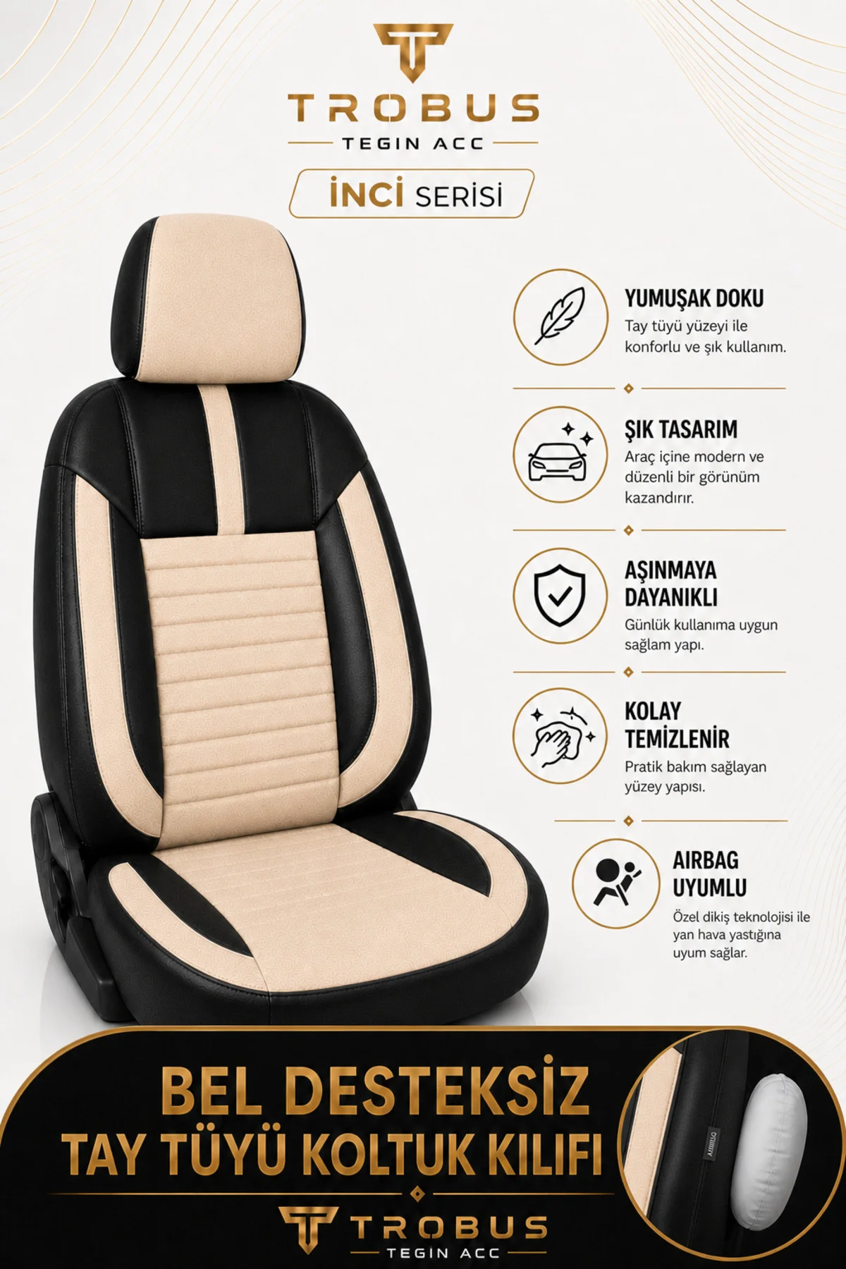 Peugeot 205 1983-1998 Uyumlu İnci Serisi Tay Tüyü Bej Siyah Premium Koltuk Kılıfı