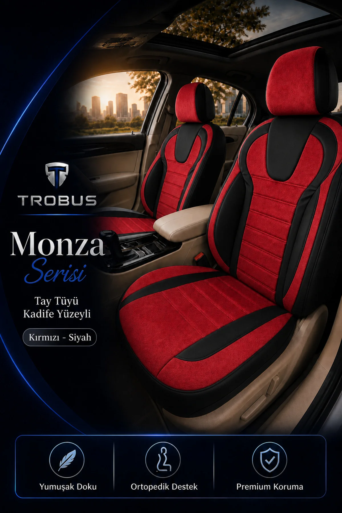 Peugeot 205 1983-1998 Uyumlu Monza Serisi Sport Tay Tüyü Kadife Kırmızı Siyah Koltuk Kılıfı