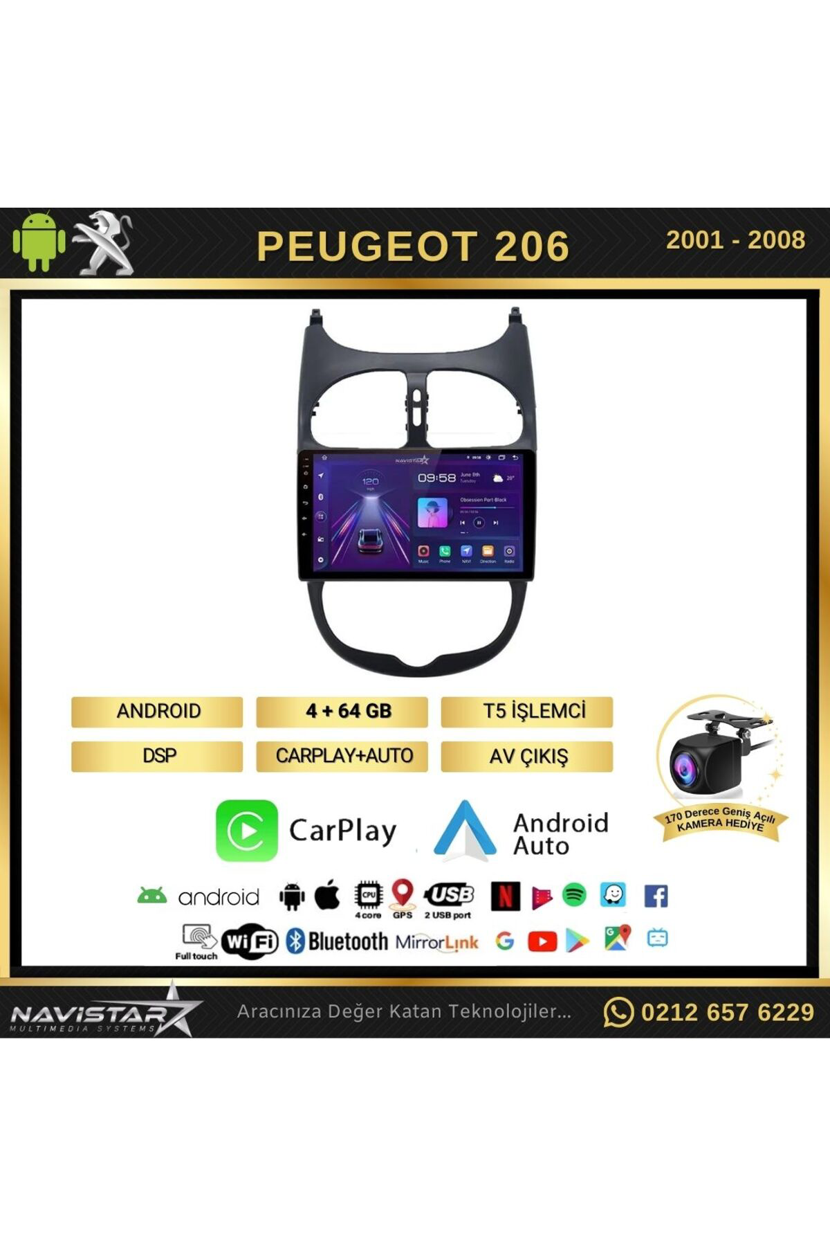 Peugeot 206 2001-2008 Model 4gb 64gb Android 13 Kablosuz Carplay Peugeot 206 2001-2008 Model 4gb 64gb Android 13 Kablosuz Carplay