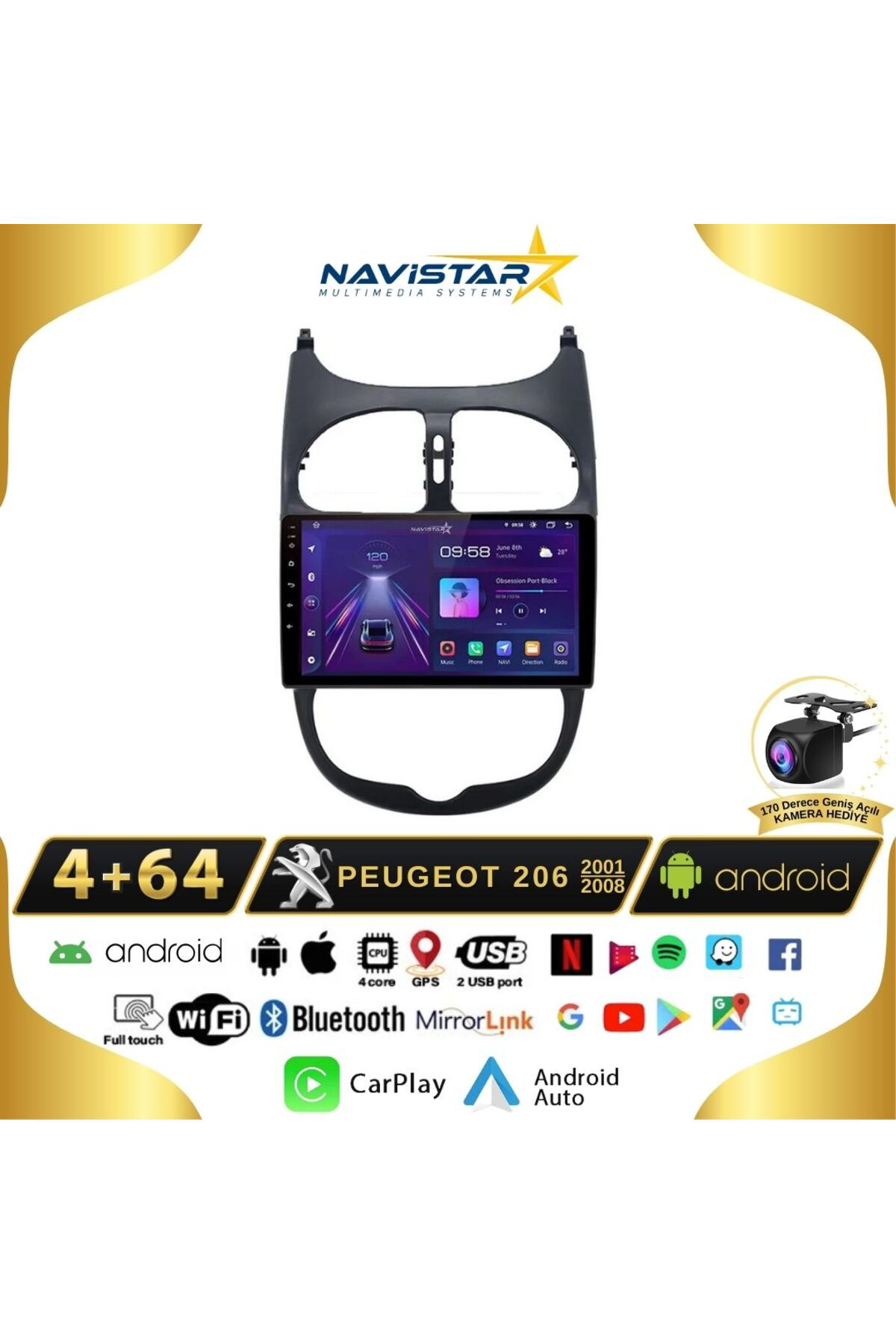 Peugeot 206 2001-2008 Model 4gb 64gb Android 13 Kablosuz Carplay Peugeot 206 2001-2008 Model 4gb 64gb Android 13 Kablosuz Carplay