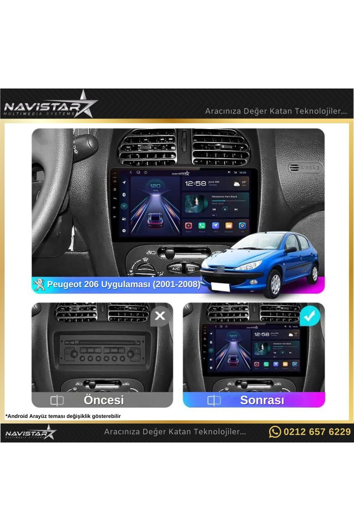 Peugeot 206 2001-2008 Model 2gb 64gb Android 13 Kablosuz Carplay 