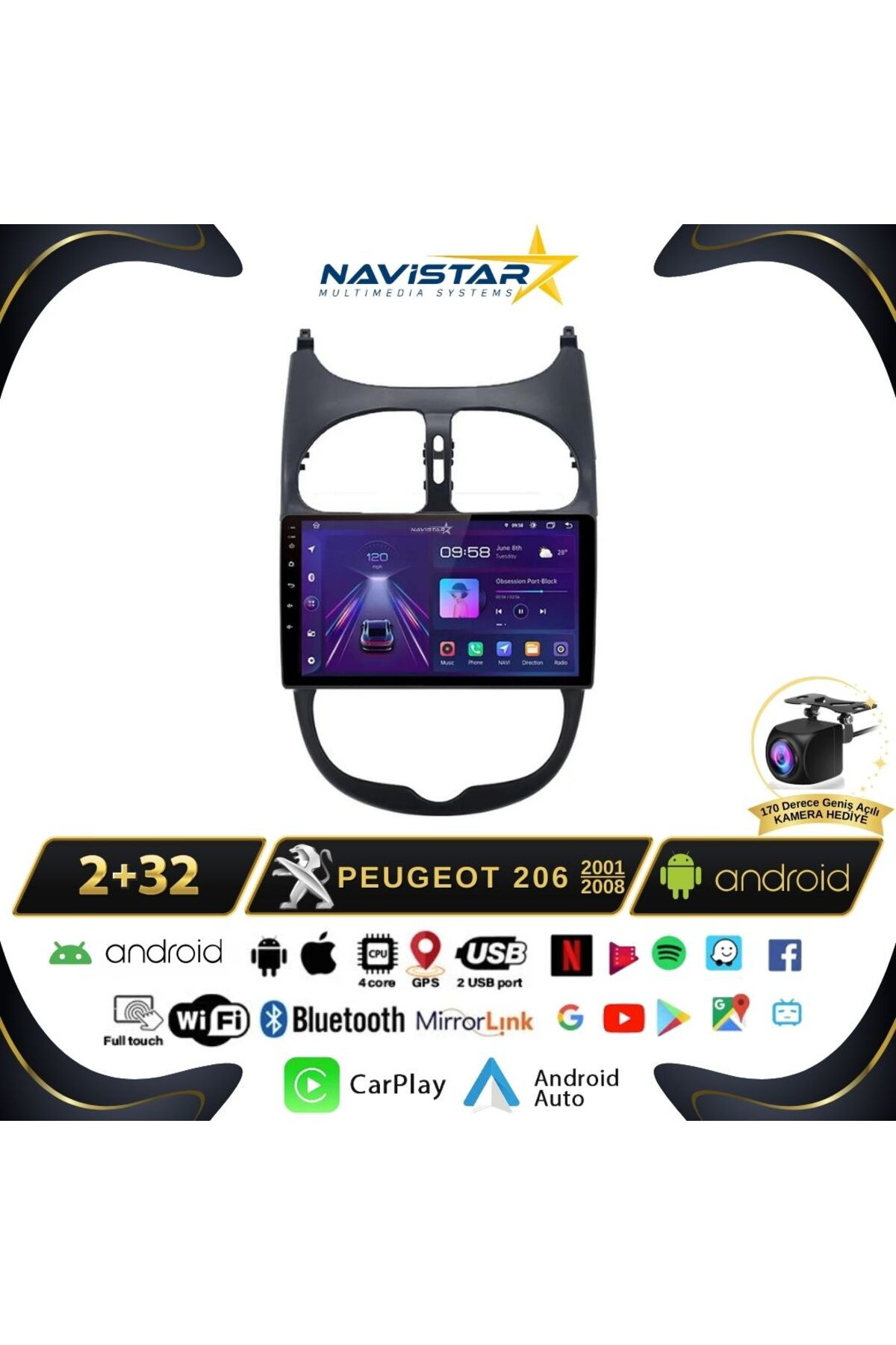 Peugeot 206 2001-2008 Model 2gb 64gb Android 13 Kablosuz Carplay 