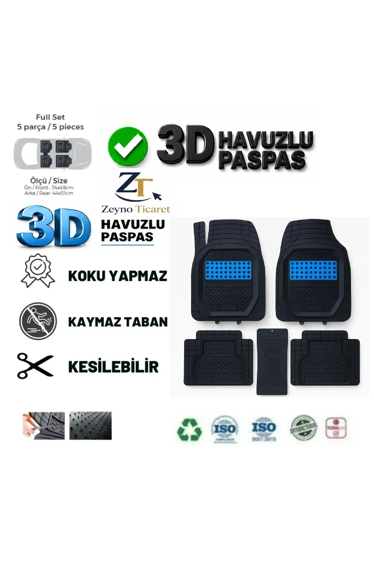 Peugeot 207 HB 2014 Uyumlu 3 Cm Havuzlu 5 Parça 3D Universal Oto Paspas Siyah-Mavi Peugeot 207 HB 2014 Uyumlu 3 Cm Havuzlu 5 Parça 3D Universal Oto Paspas Siyah-Mavi