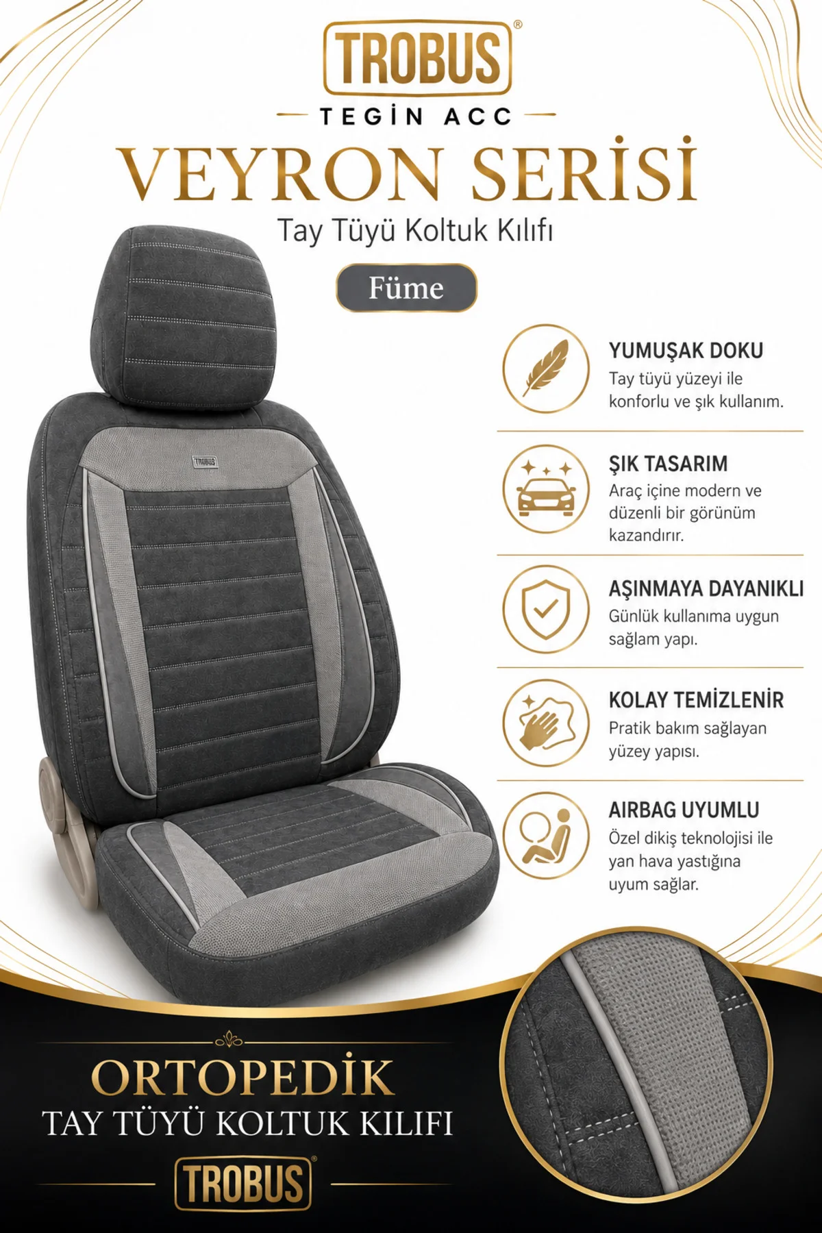 Peugeot 208 2012 Sonrası Uyumlu Veyron Serisi Füme Tay Tüyü Koltuk Kılıfı