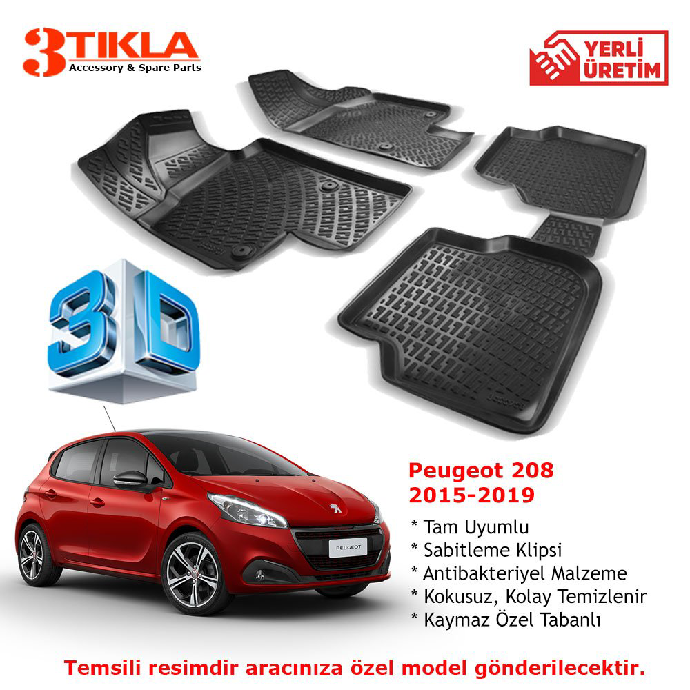 Peugeot 208 2015-2019 Premium 3D Havuzlu Paspas Seti