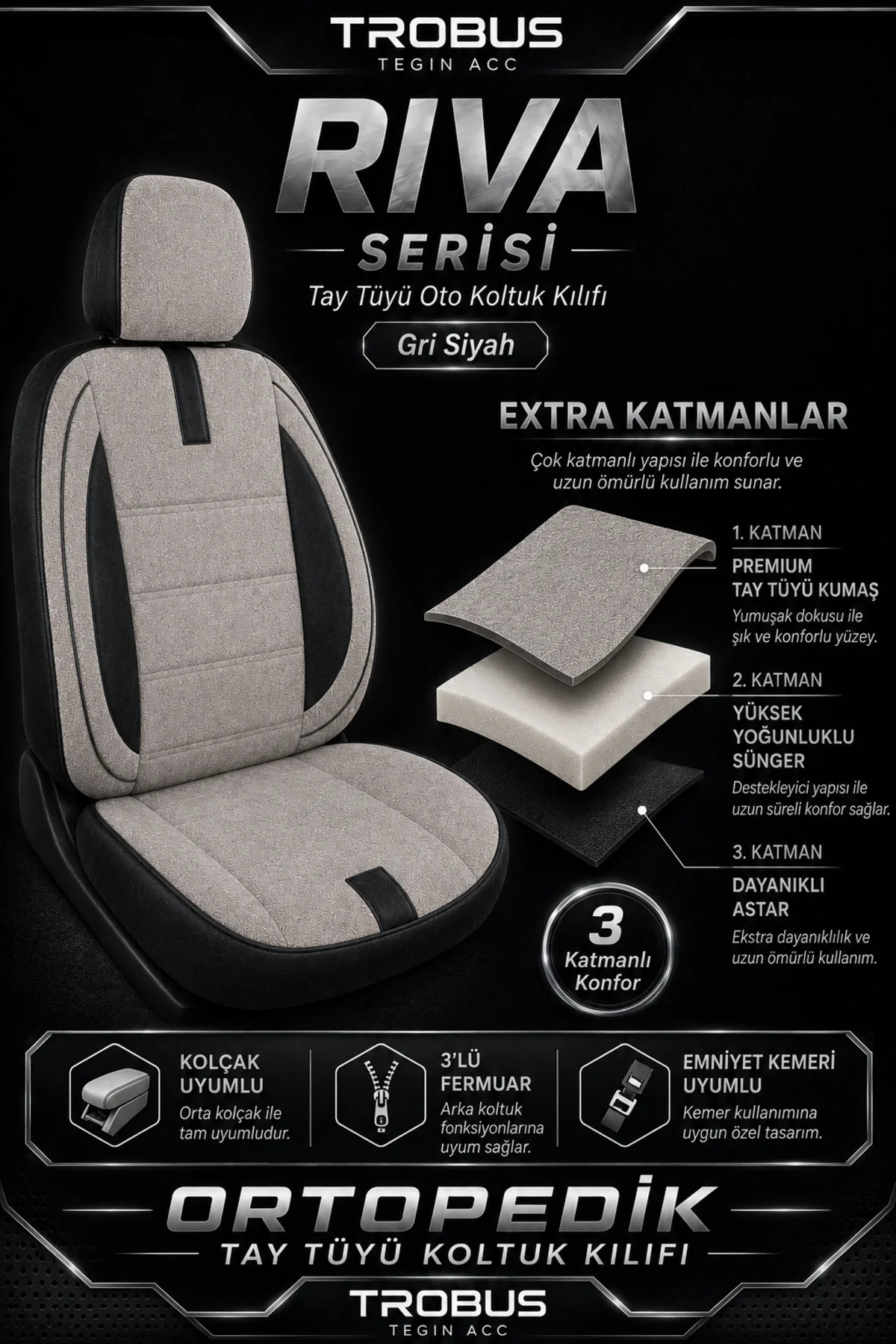 Peugeot 3008 2016+ Uyumlu Riva Serisi Tay Tüyü Otropedik Gri Siyah Premium Koltuk Kılıfı