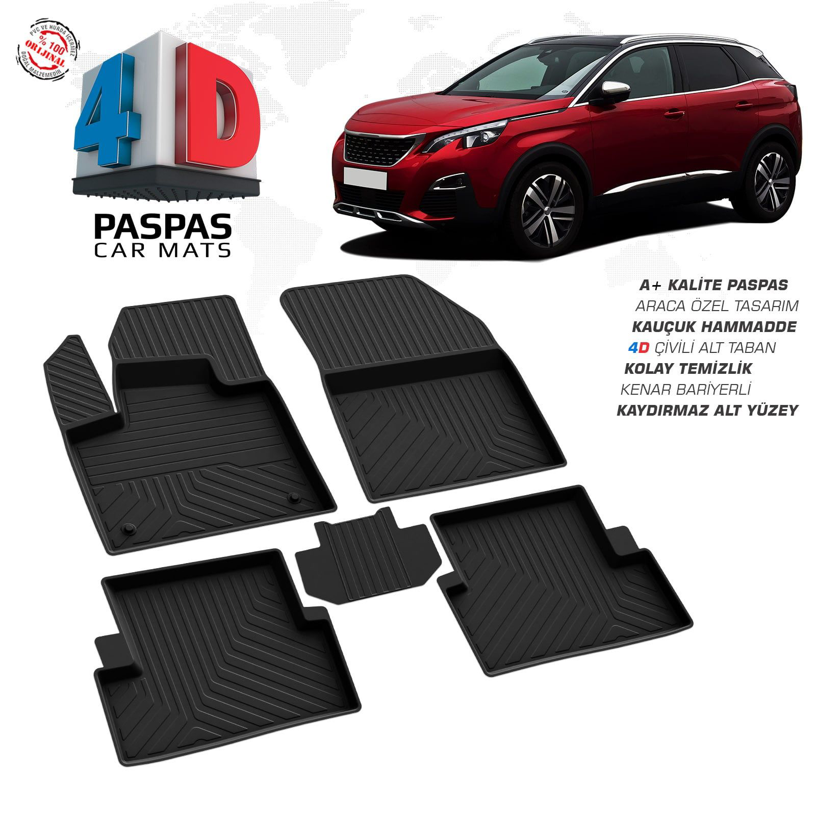 Peugeot 3008 Active 4D Araca Özel Havuzlu Kauçuk Paspas 2016 ve Ü